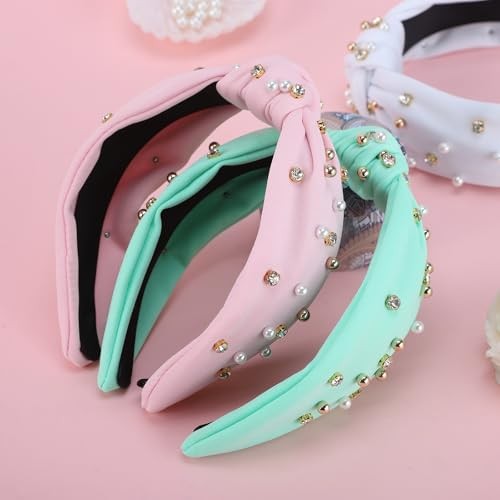 3Pcs Knot Headband for Women Pearl Knotted Head Bands Non Slip Wide Headband-C