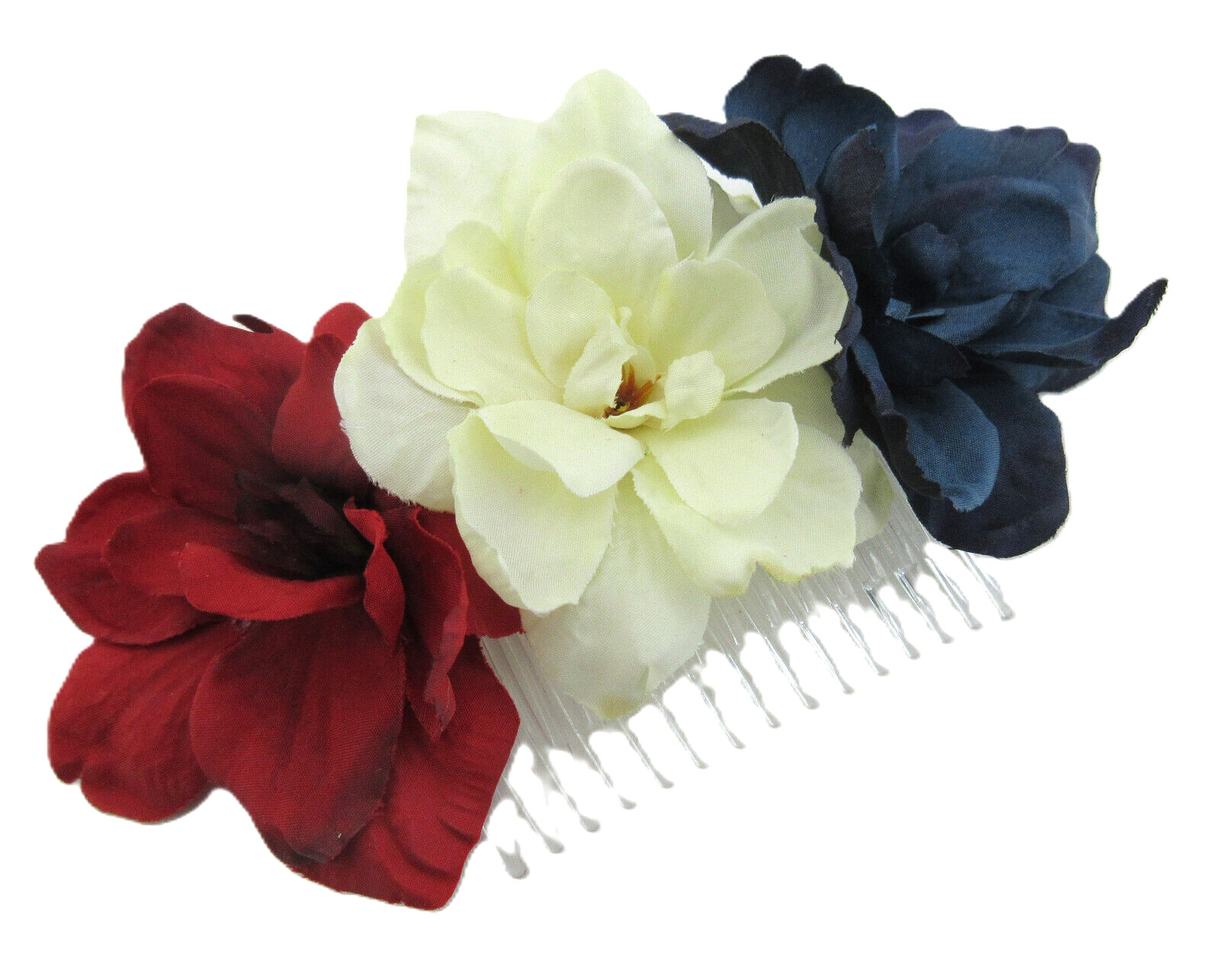 Triple Red White Blue Apple Blossom Silk Flowers Hair Comb