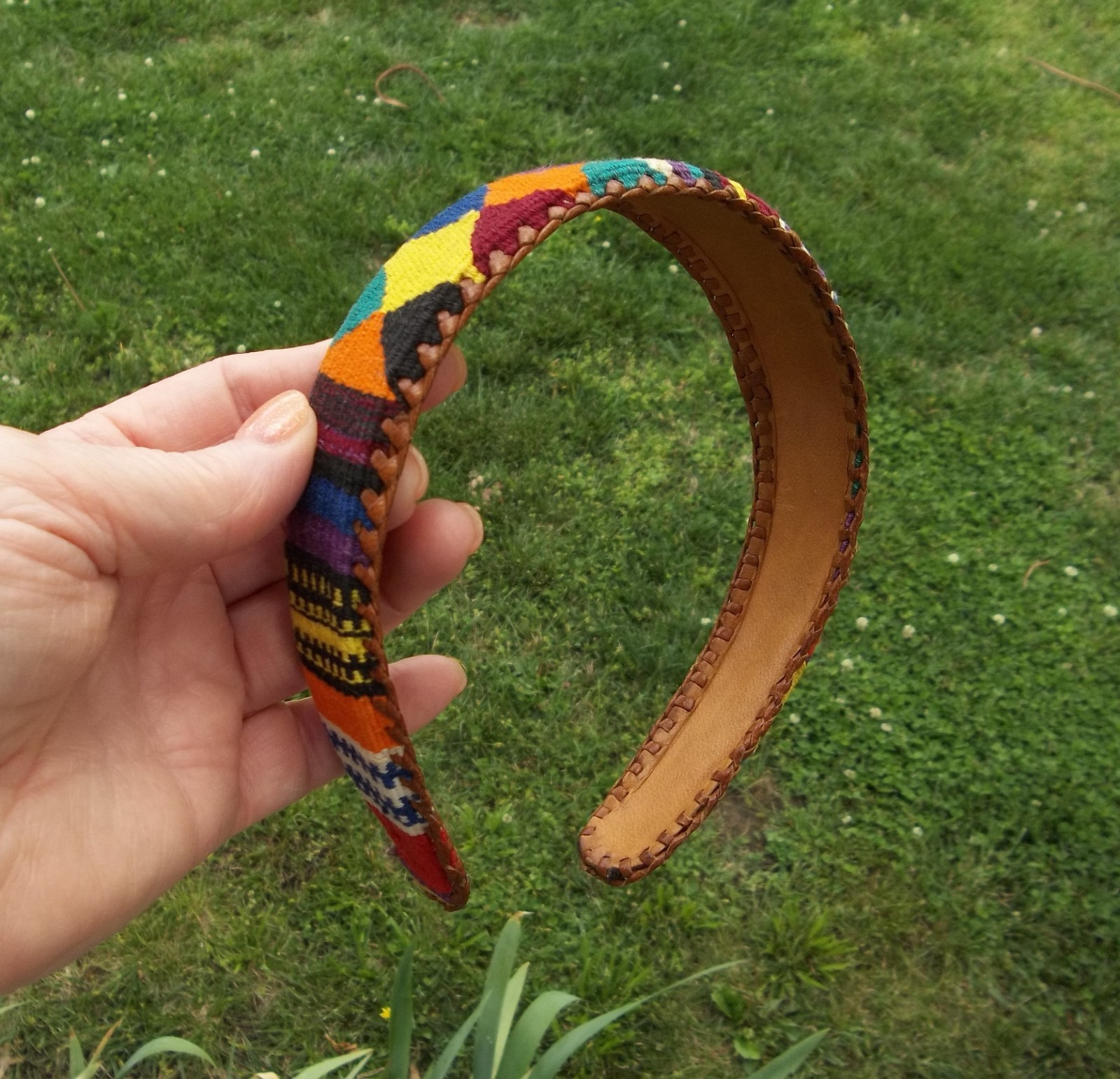 Vintage Boho Woven Cotton/Leather Headband Colorful 80s