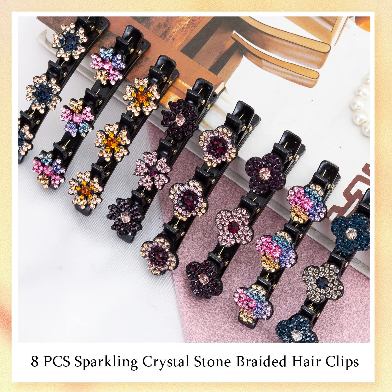 8 Pcs Sparkling Crystal Stone Braided Hair Clover Clips for Thick Thin Hair*NEW*