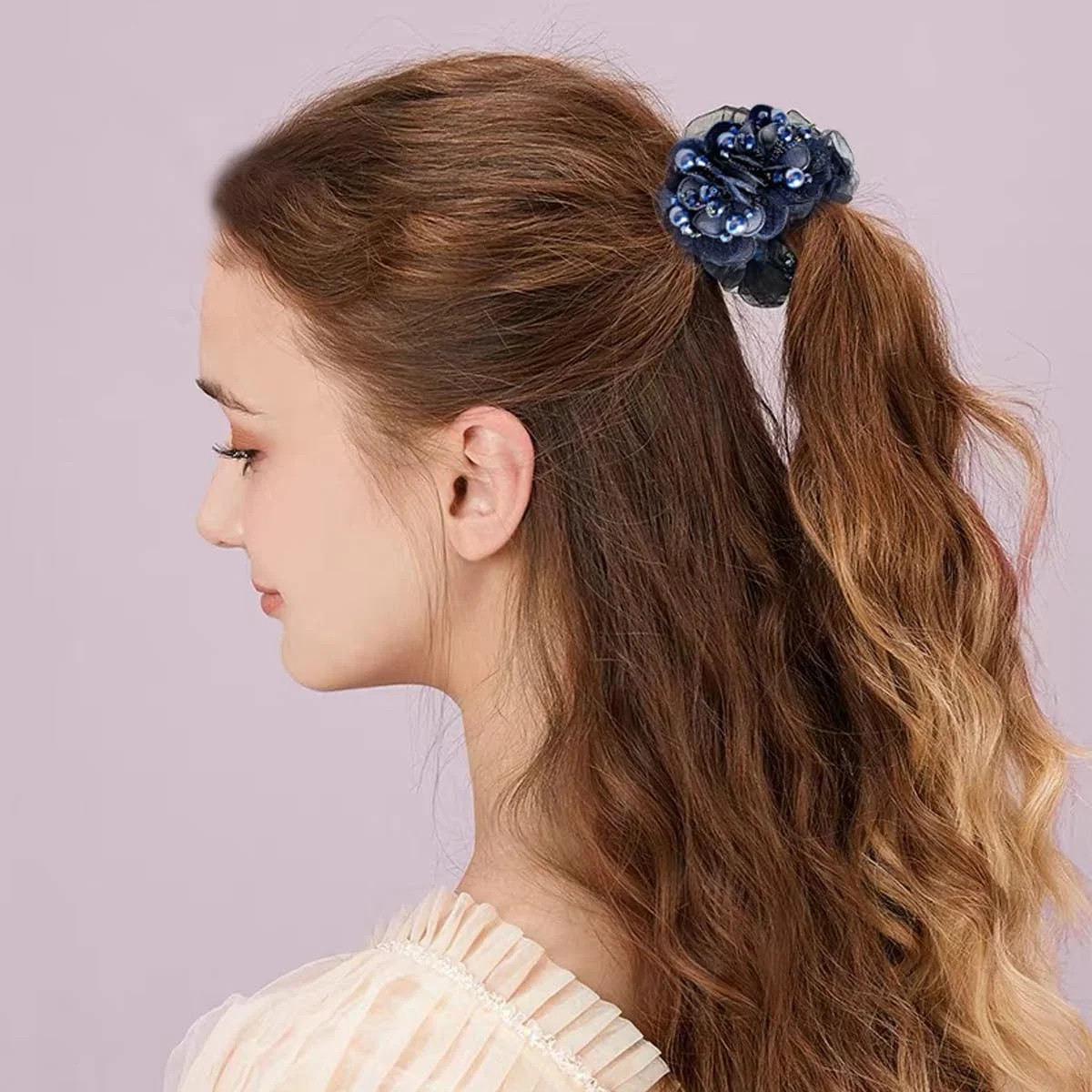 4 PCS Flower Hair Scrunchies for Women Rhinestone Elastic Hair Bands, Ponytail H