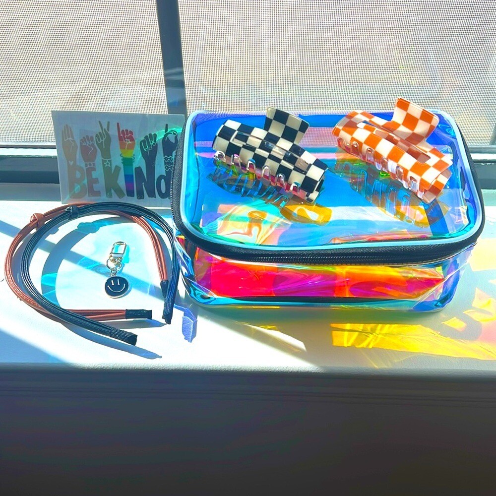 Bundle of fun! Iridescent makeup bag with hair accessories, etc