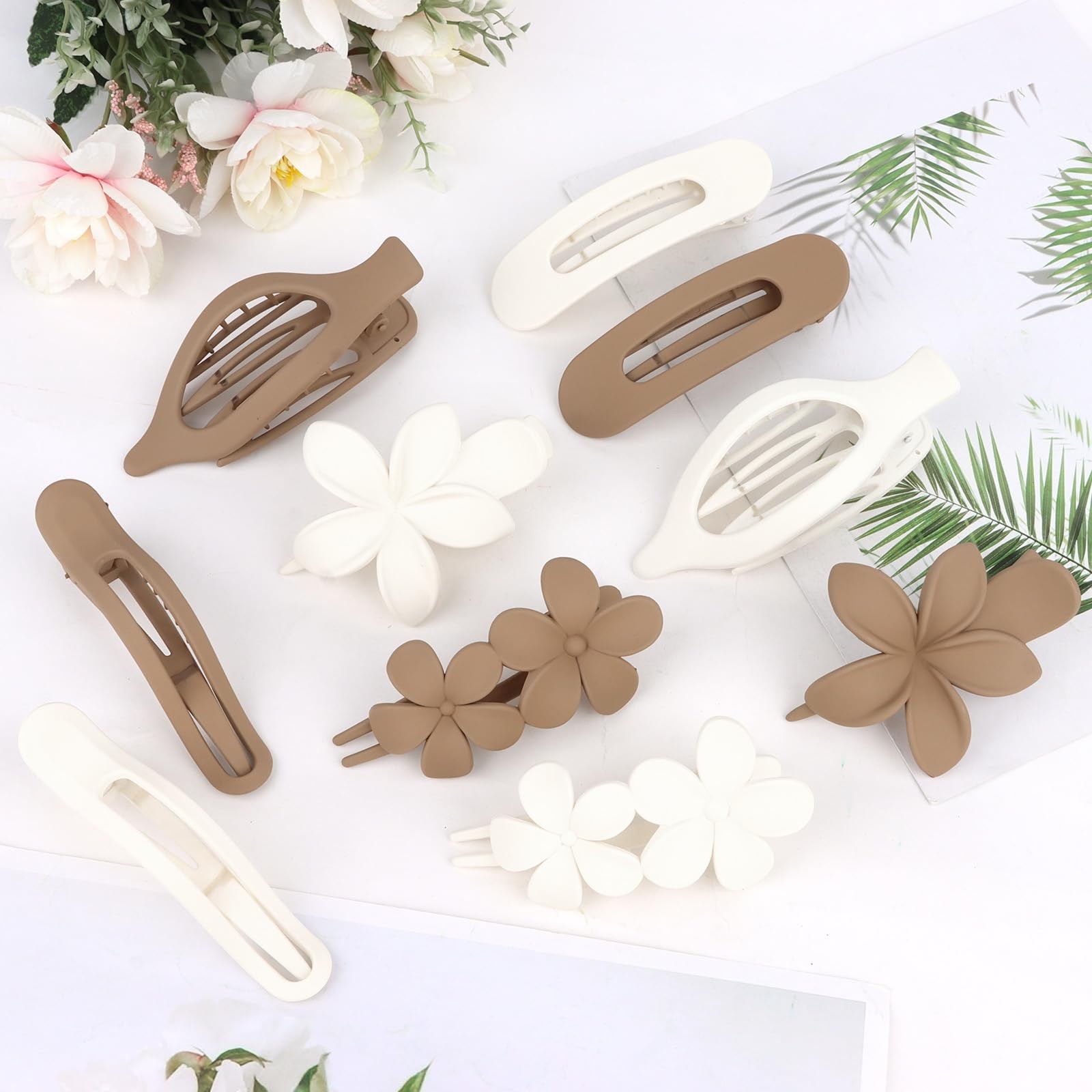 Oblihumoy 10 PCS Flat Hair Clips for Women 5 Styles Non-slip white, brown