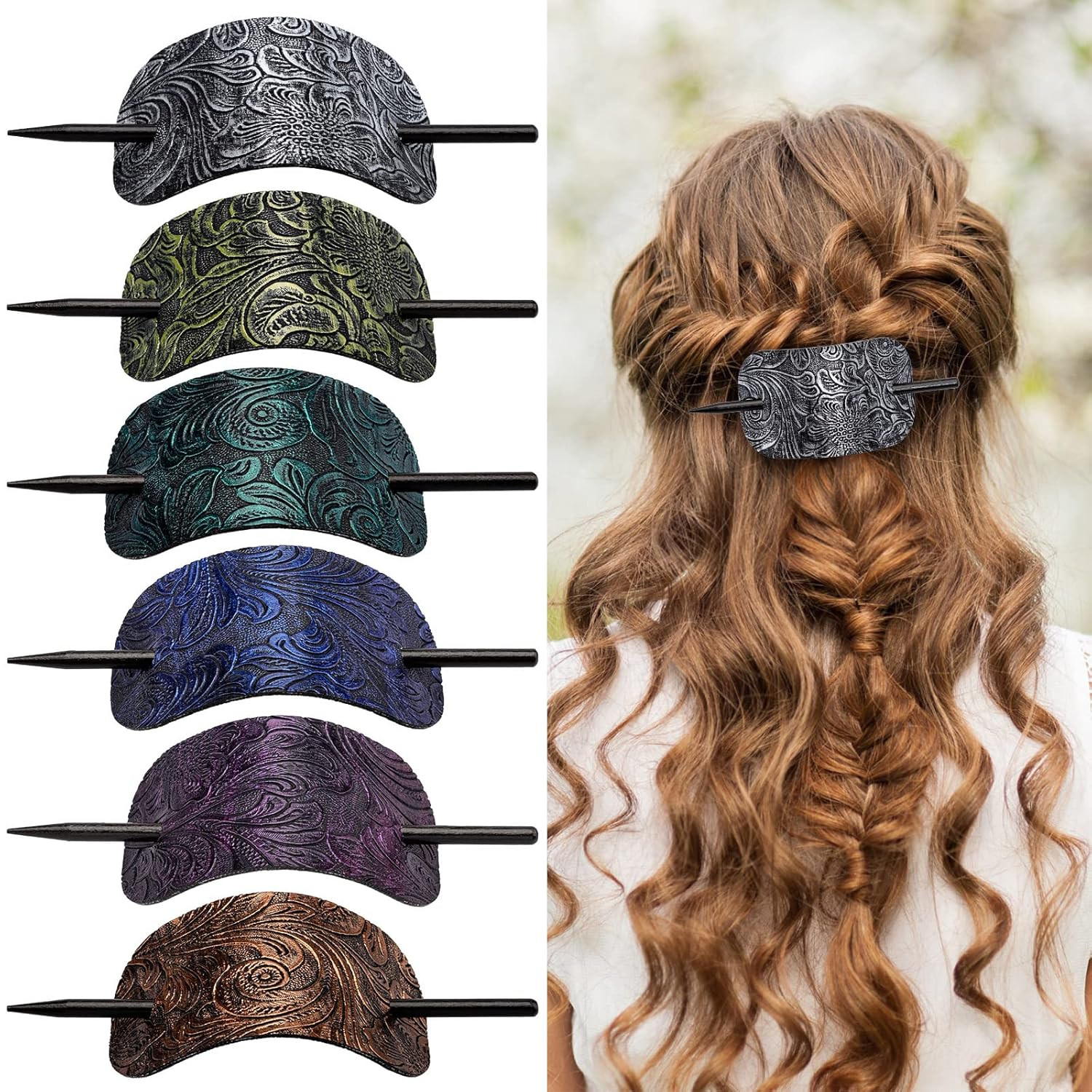 6PCS Leather Hair Barrettes with Stick, Square Shape Hair Accessories Set – Pony