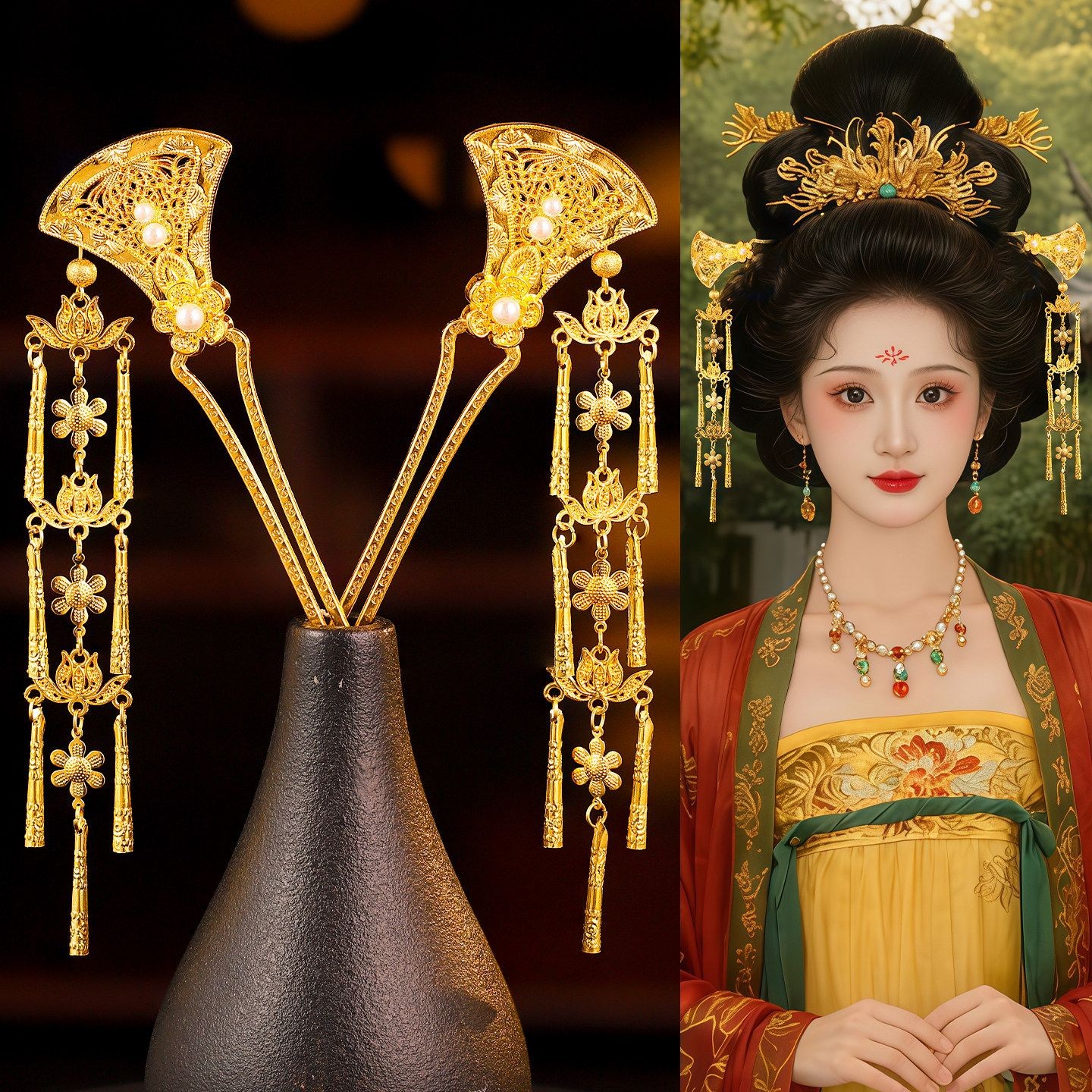 Gold Plated Flower Hairpin Long Tassel Step Shake Hanfu Hair Accessory