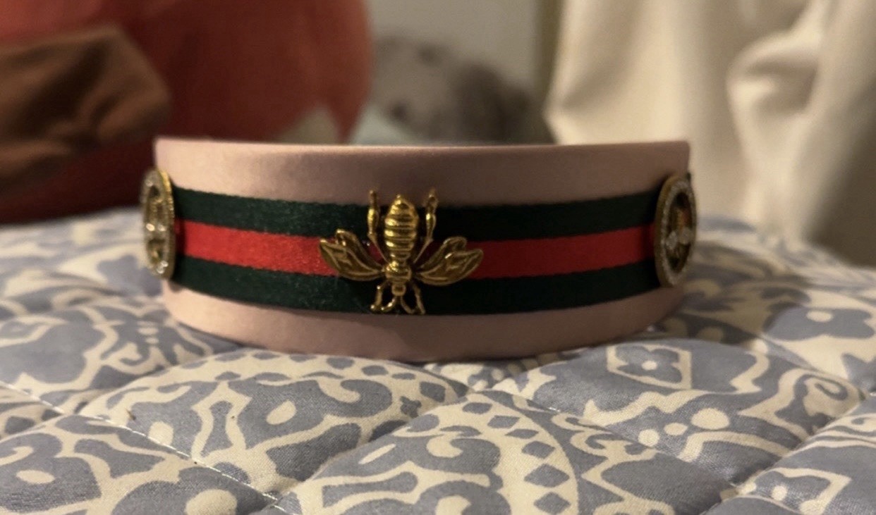 Padded Wide Pink Fabric Striped Headband w/ Green Red Stripe Gold Bee Accent