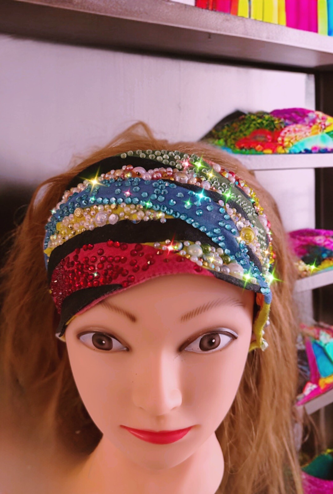 Beautiful Multicolor Abstract Pattern Rhinestone Stretch Headband, Handmade
