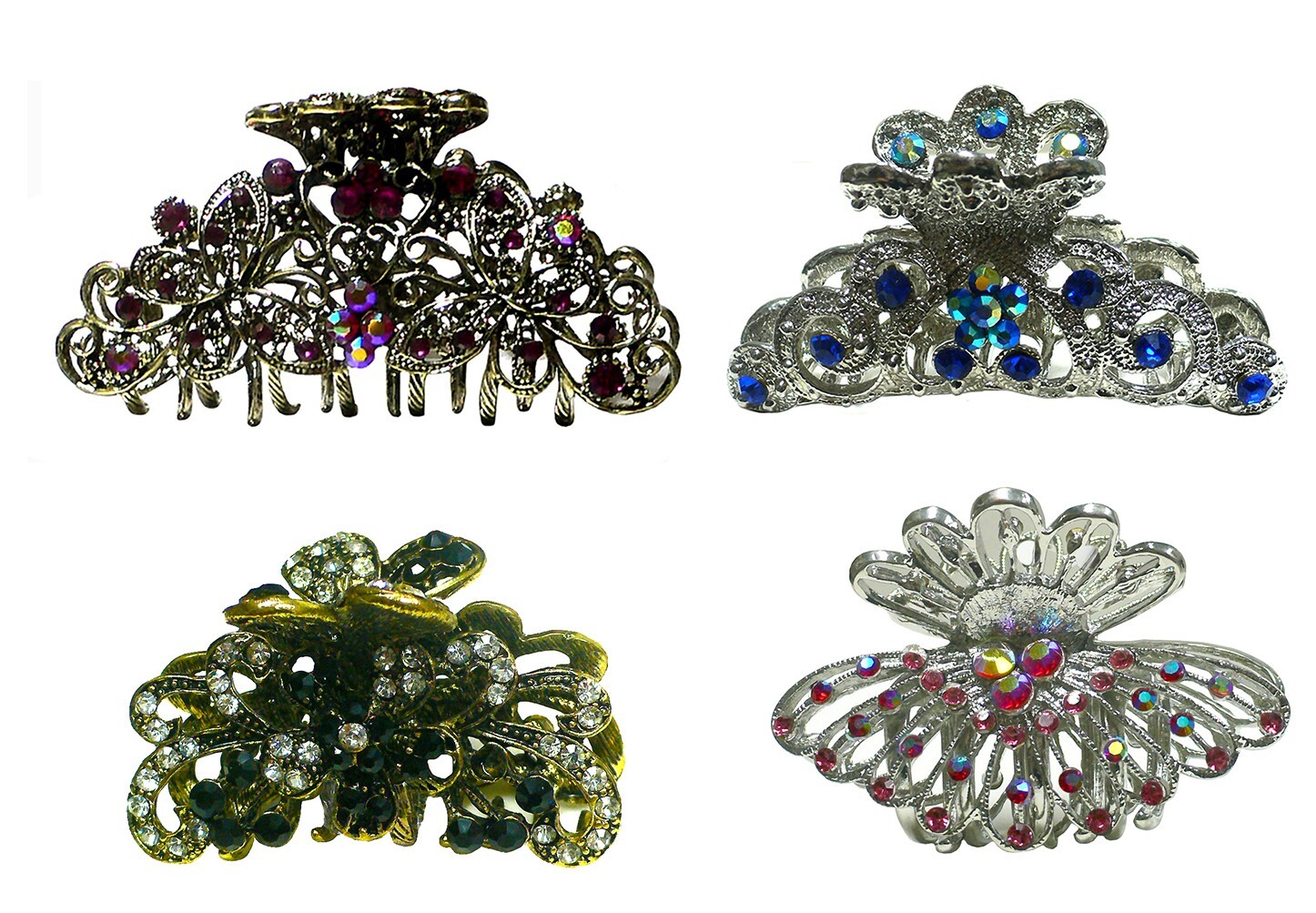 Set of 4 Bella Metal Crystal Jaw Clips Combo 4 Styles Hair Styling 6132-jet1-12