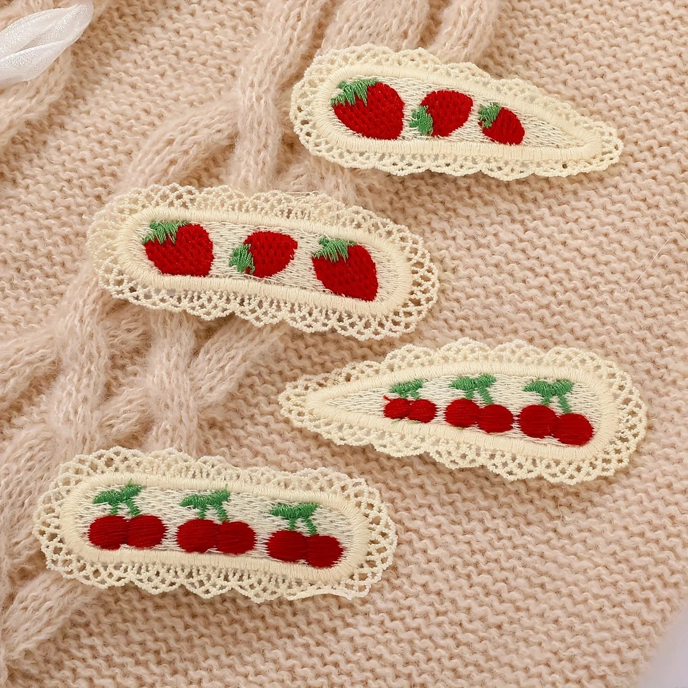 2Pcs Cute Hairpins, Colorful Knitted Cherry and Strawberry Hairpins, Lace Floral