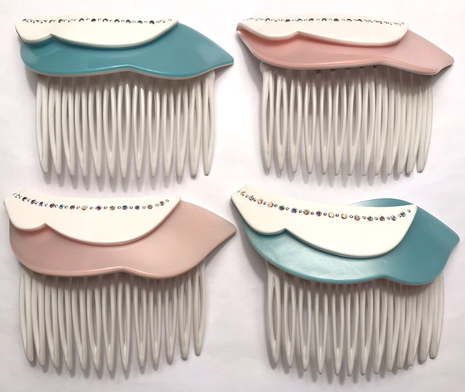 Vintage French Hair Side Comb White Pastel Colors Crystal Accent Made in France