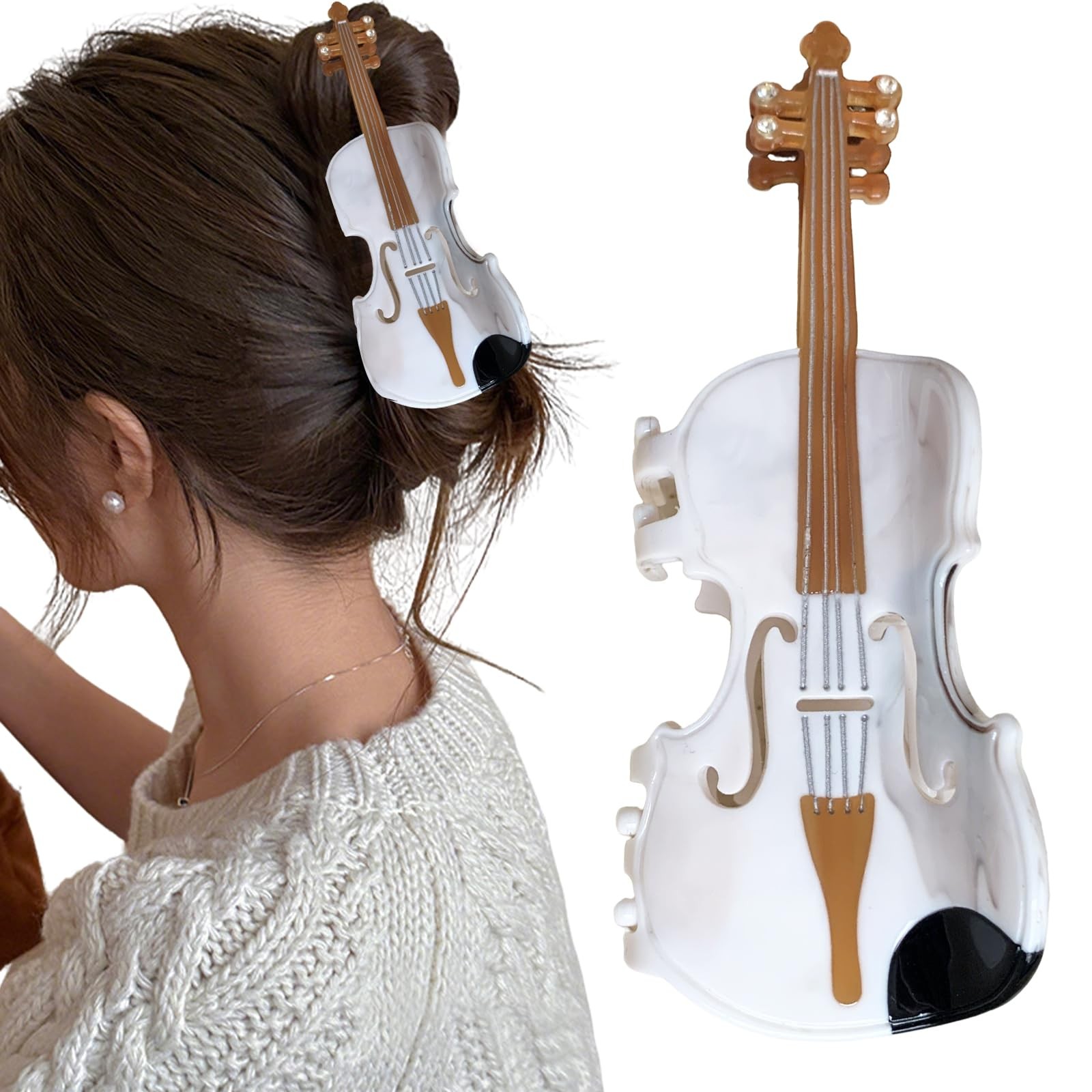 Violin Design Hair Claw Clip, White and Brown Musical Instrument Shaped Hair …
