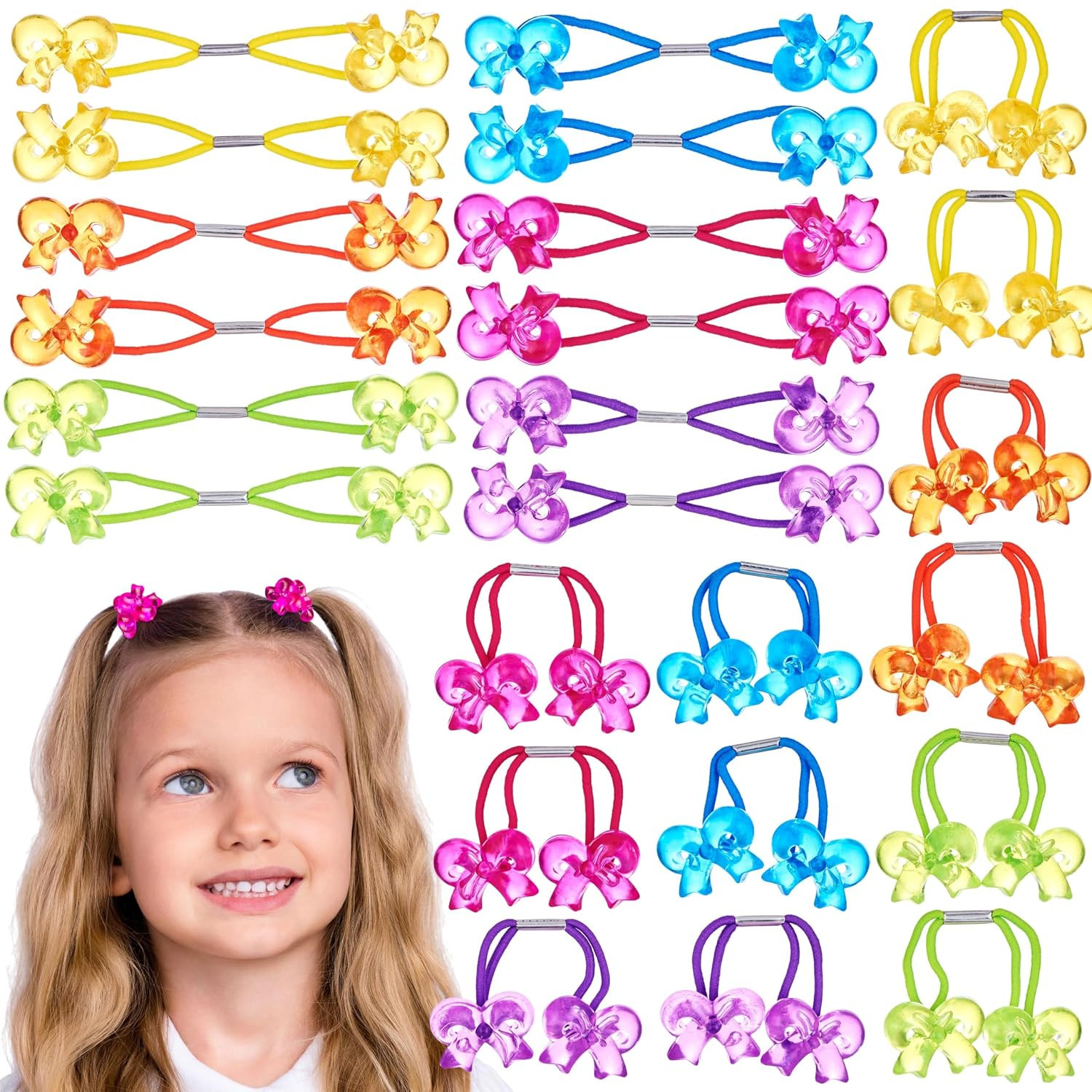 24Pc Flower-Shaped Multicolored Twin Bead Ponytail Ball Elastics | Fun Colorful