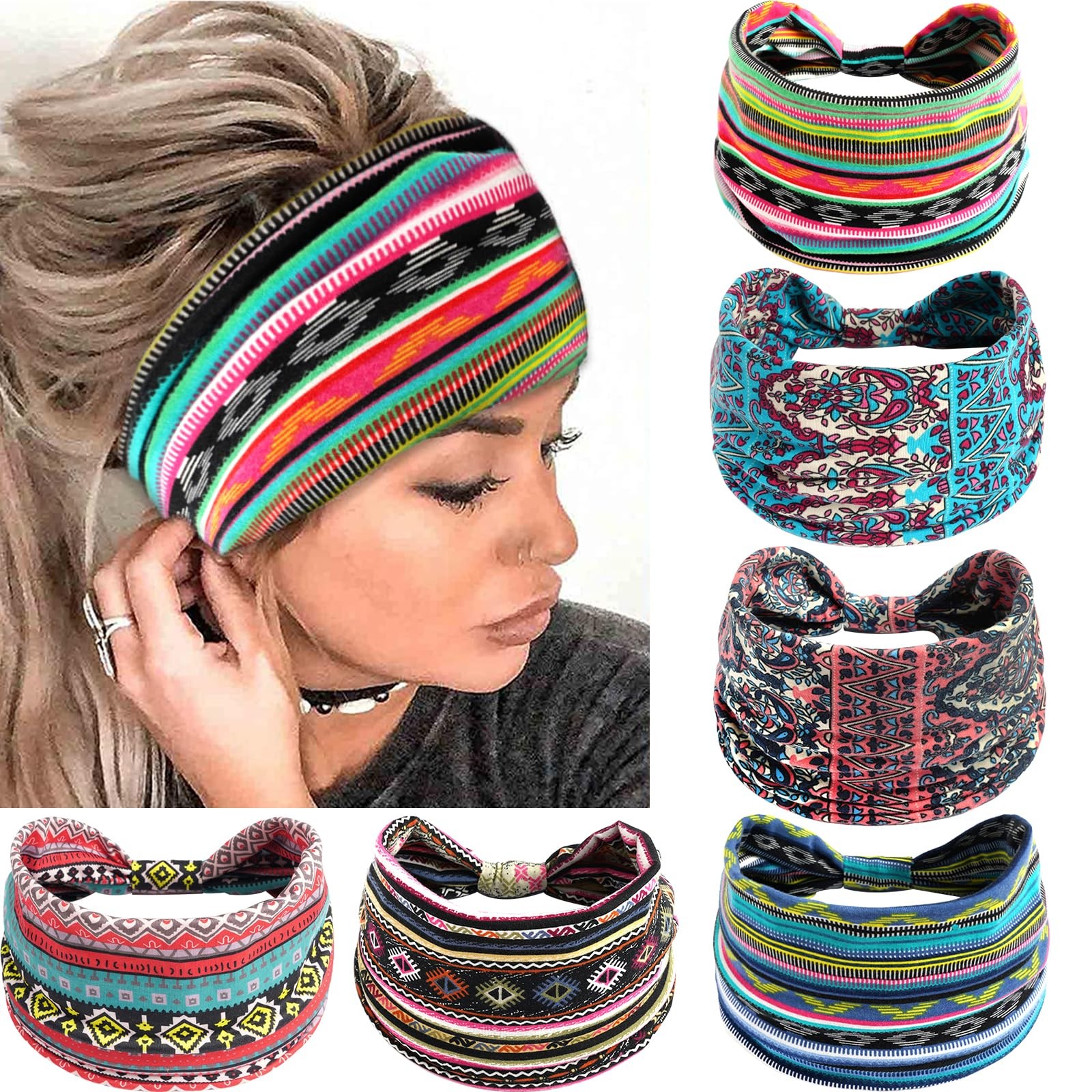 6 Pack Boho Headbands for Women Fashion Stretch Wide Hair Bands Knotted Turba…