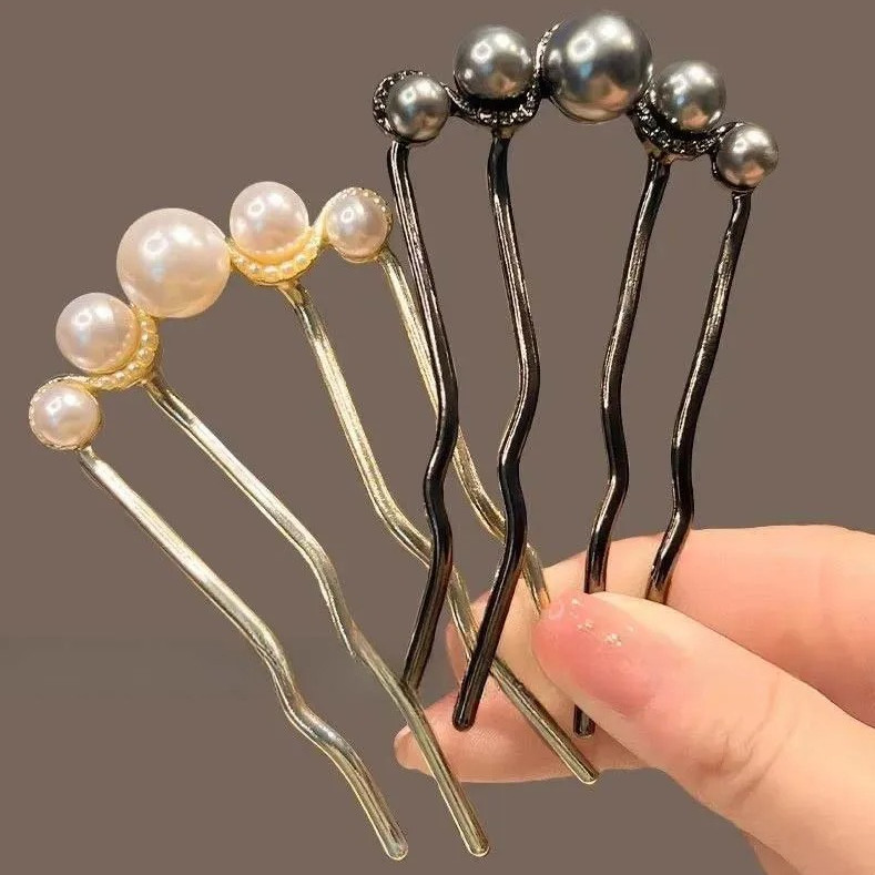 2pcs U Shaped Pearl Hair Pins Elegant Metal Fork Hair Clips for Women