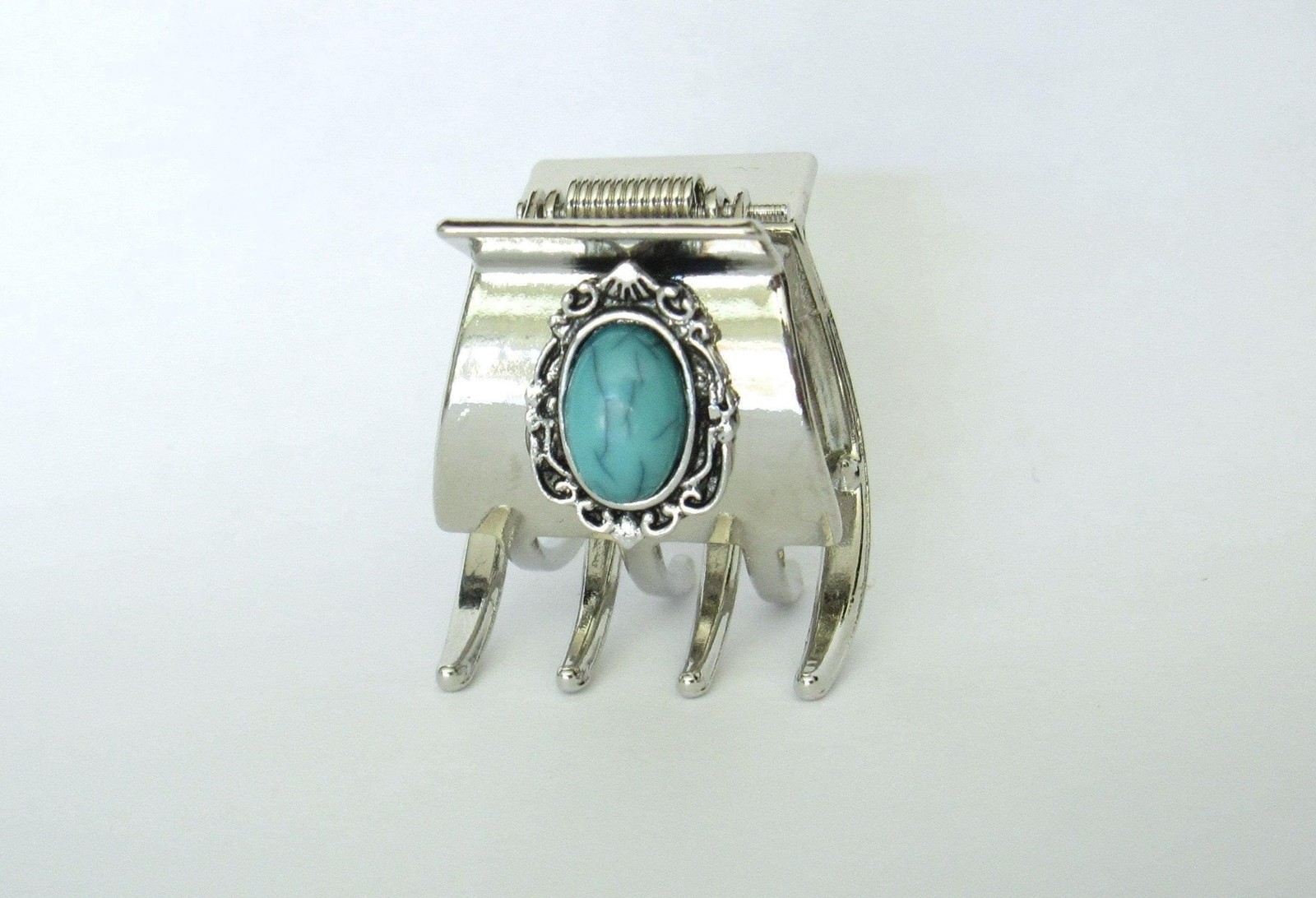 Small/medium turquoise blue silver metal native tribal hair claw clip