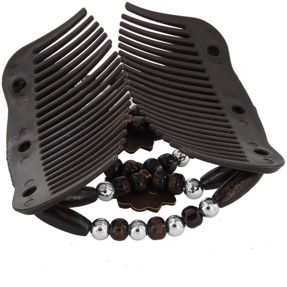 Magic Hair Side Combs For Women Wood Beaded Stretch Double Clips Bun Maker Hair