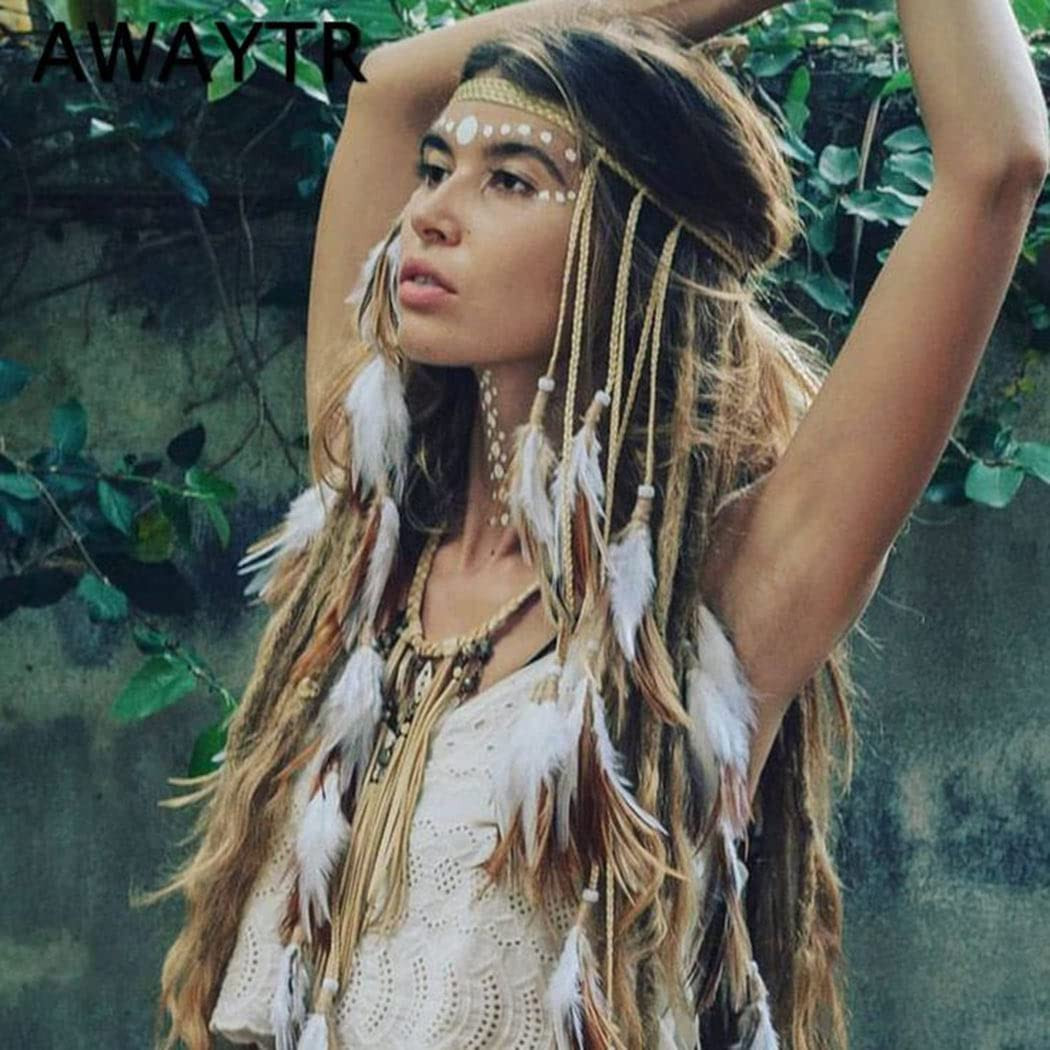 GORTIN Boho Feather Headband Gypsy Indian Headdress Boho Hippie Headpieces Tasse