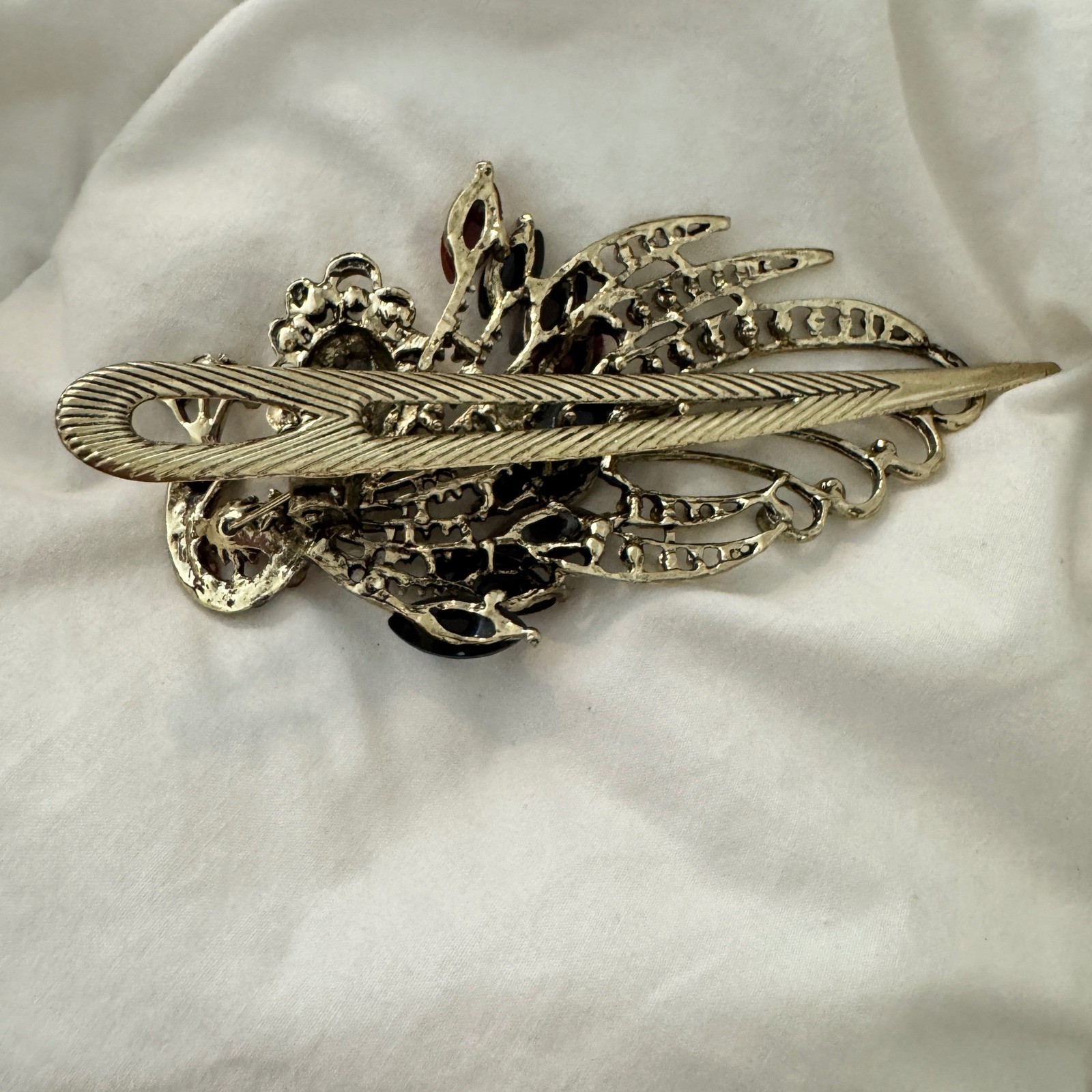 Vintage Style Peacock Hair Clip Multicolor Rhinestone Antique Gold Tone Barrette