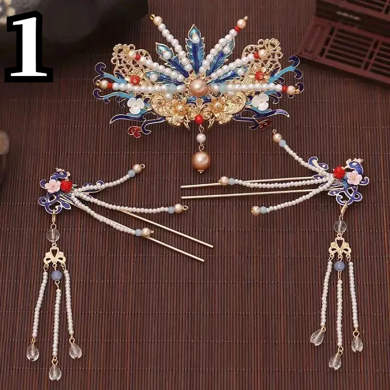 Chinese Hanfu Hairpin Flower Tassel Hairclip Bridal Crown Headdress Cloisonne