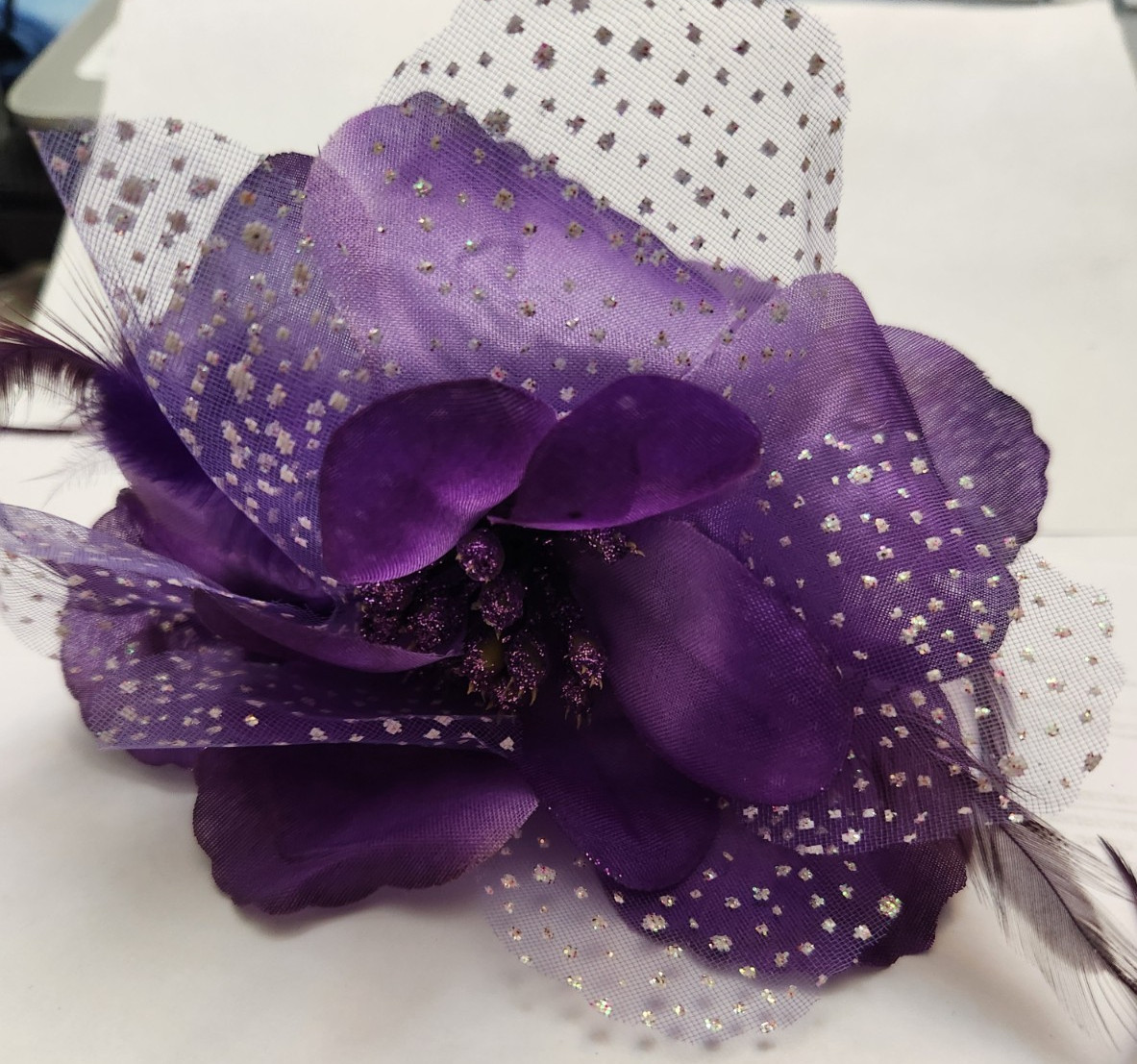 Beautiful Purple and White feather hair clip Approx 5″ X 6″–“”LOOK””