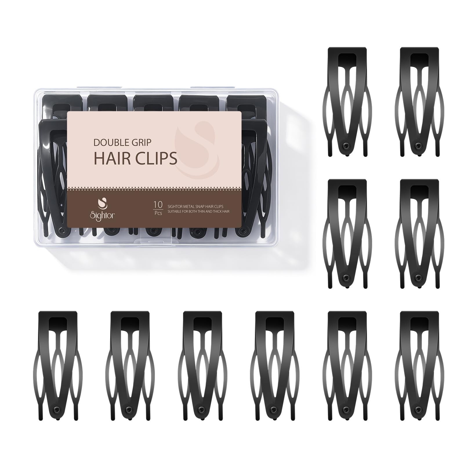 10 Pcs Double Grip Hair Clips, Sightor Metal Snap 10 Count (Pack of 1), Black