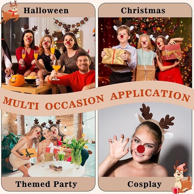 Reindeer Headband Set Antlers Deer Ears Red Nose Christmas 3PCS