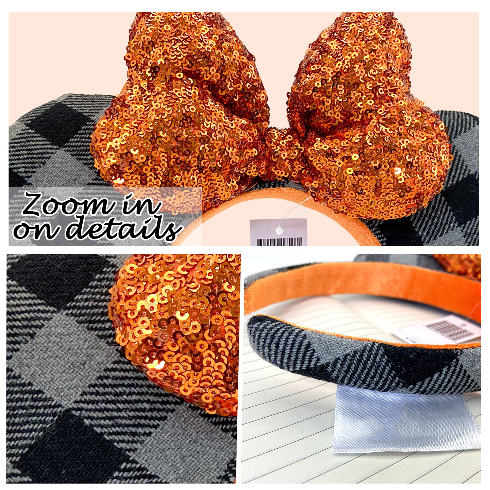 Orange Spangle Square Parks Plaid Rare Headband Disney` Anniversary Minnie Ears