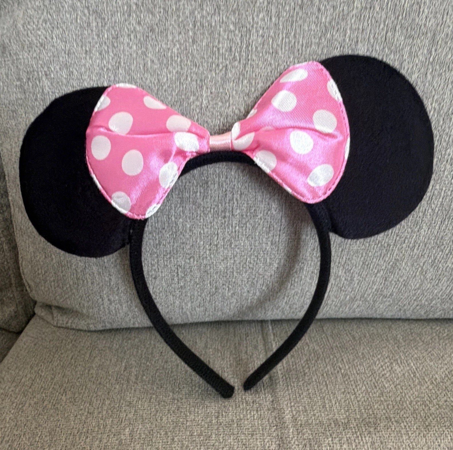 Minnie Mouse Mouse Ears Headband Fabric Black w/ Pink White Polka Dot Bow