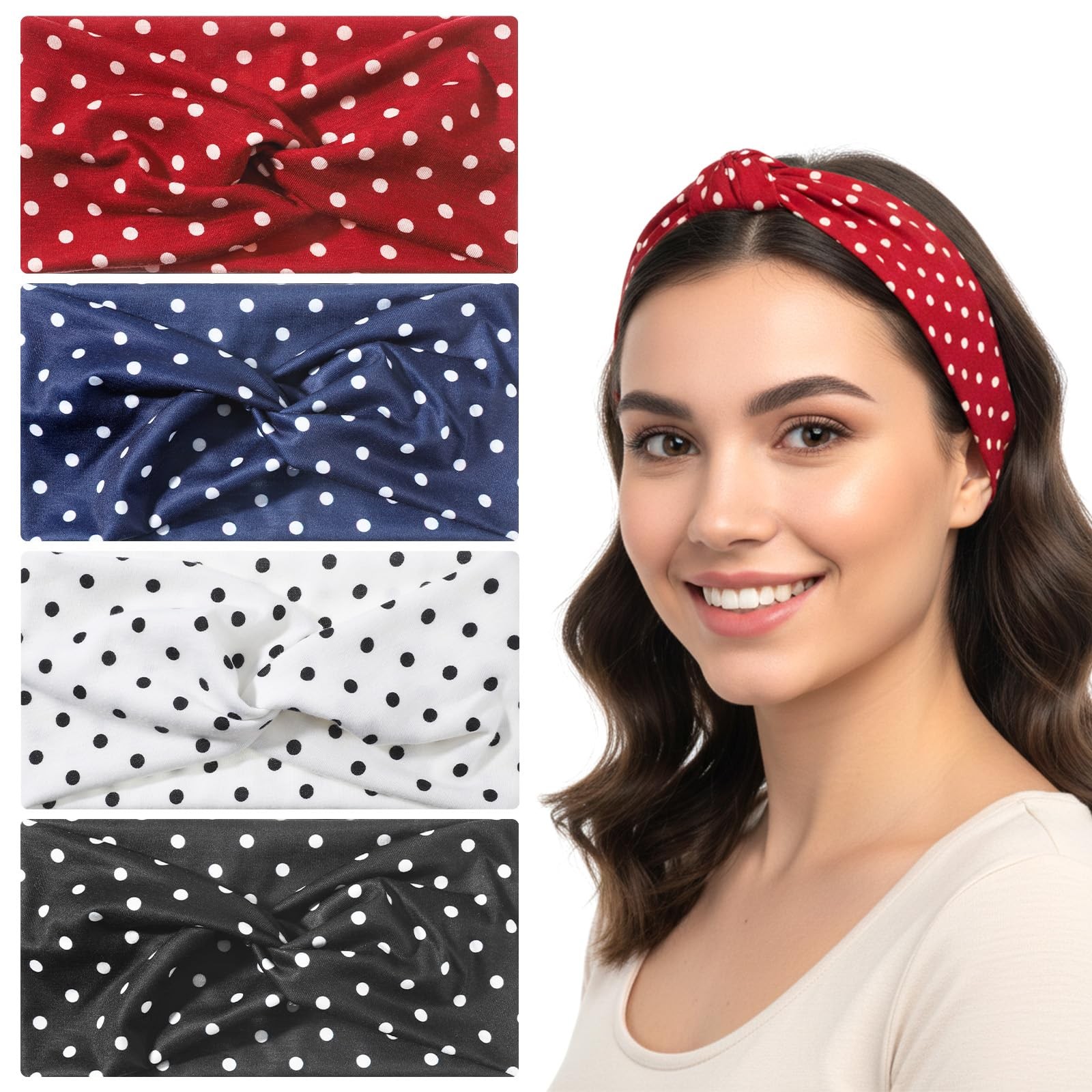 Dimioaoa 4Pcs Wide Elastic Polka 4 Count (Pack of 1), Black, White, Red, Navy