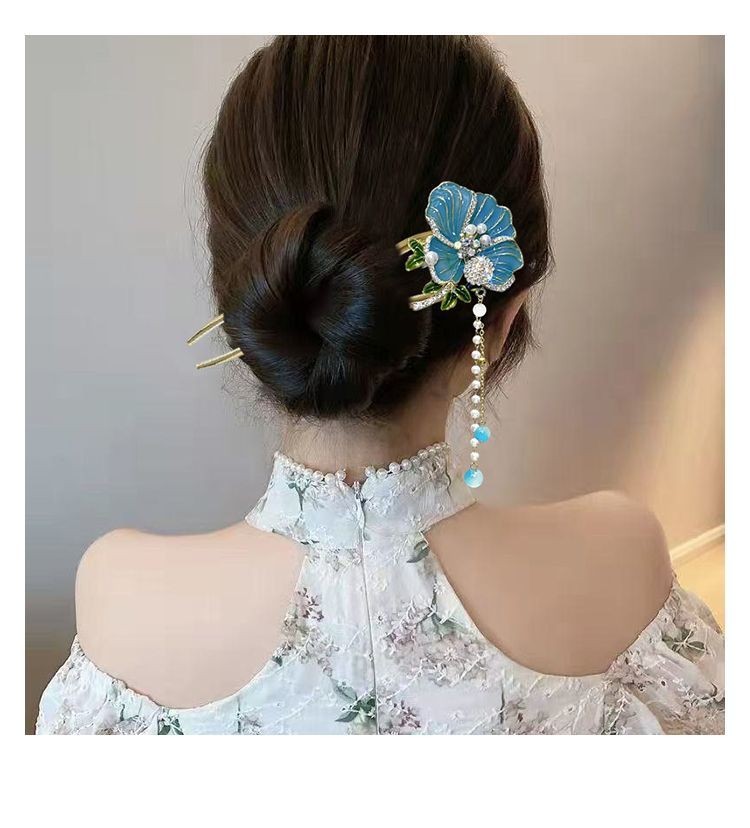 Chinese Style Peony Tassel U-Shaped Hairpin Vintage Qipao Hairpin
