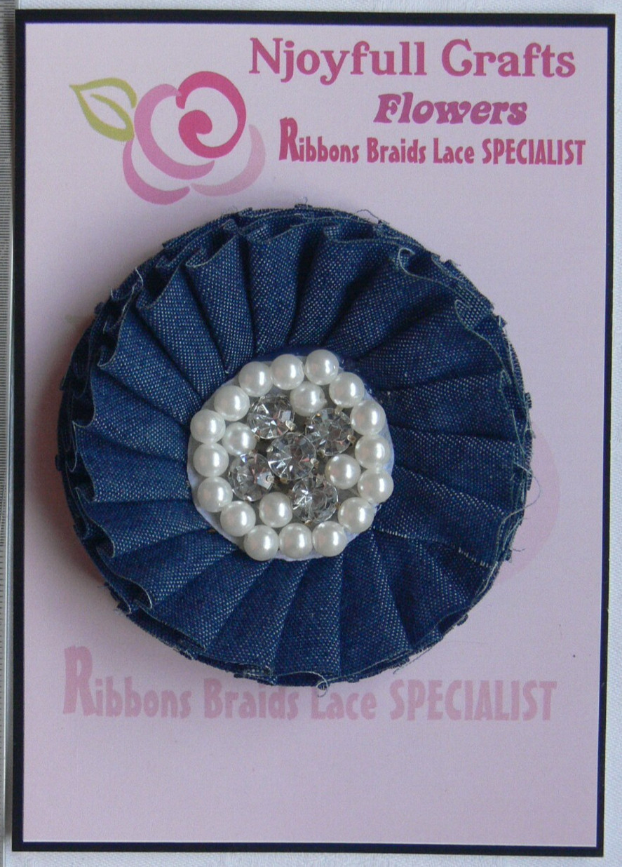 DENIM BLUE Pleated Single Flower – Pearl & Diamante Cluster Centre 75mm AC NJC