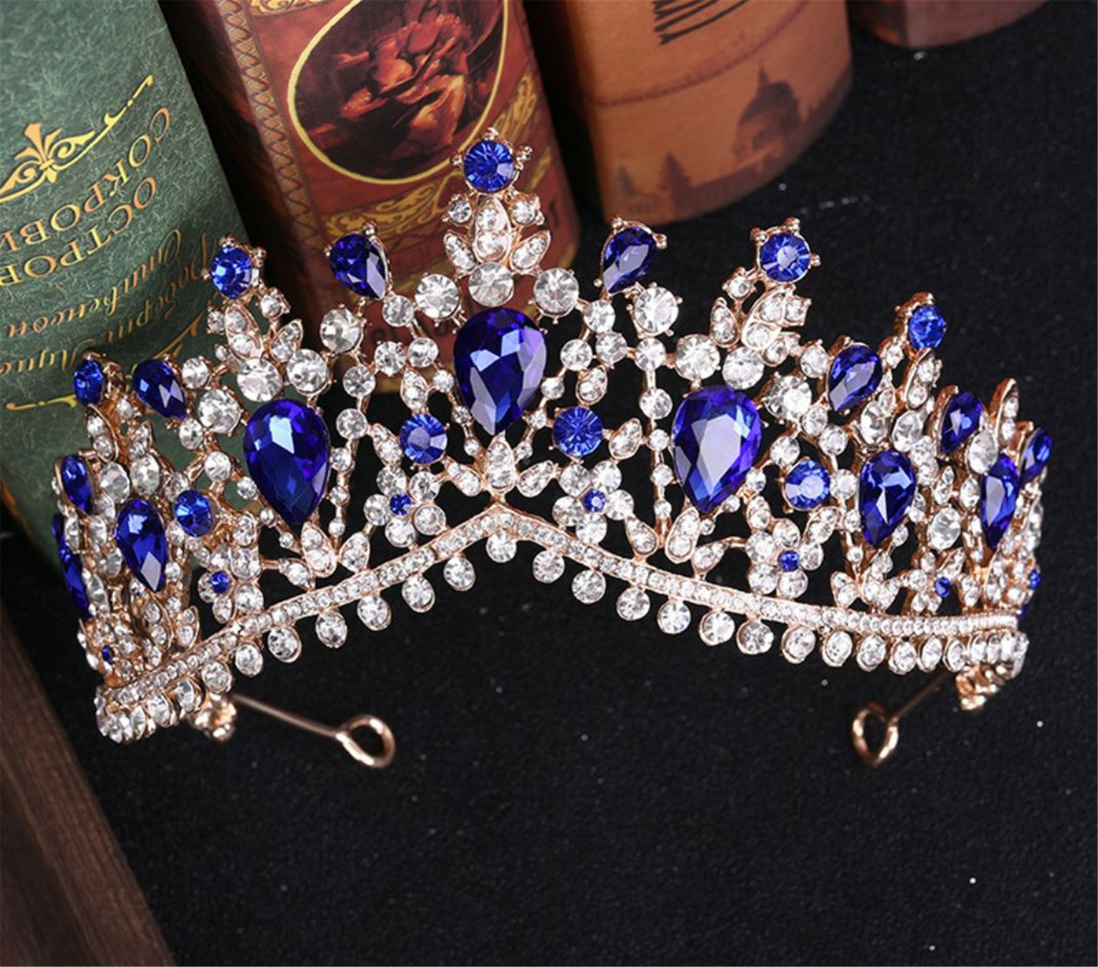 Women Royal Blue Crystal Rhinestone Queen Party Hair Head Headband Crown Tiara