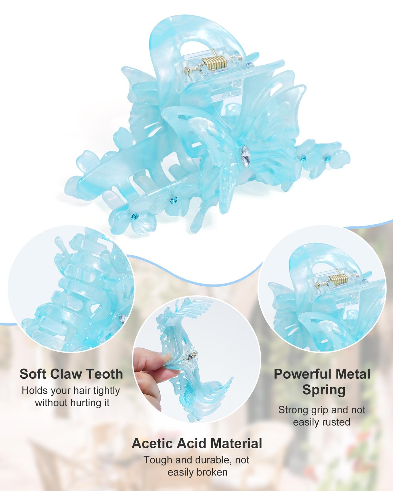 2Pcs 3D Strong Butterfly Claw Clips, Non Slip Cute Rhinestone Hair Set 4