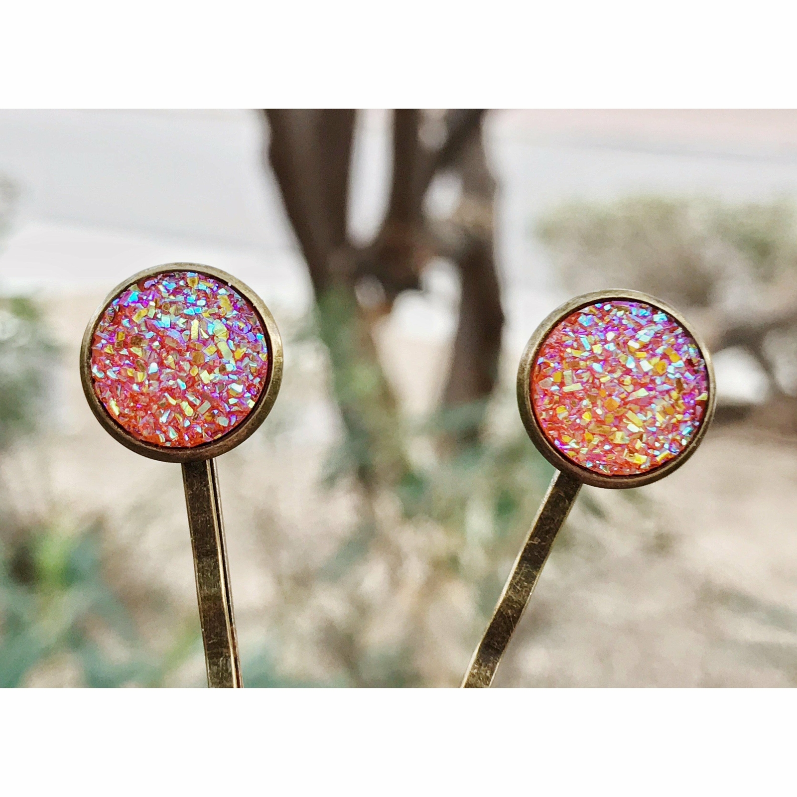 Orange Druzy Hair Pins, Summer Hair Pins, Glitter Hair Clips, Womans Hair Pins,