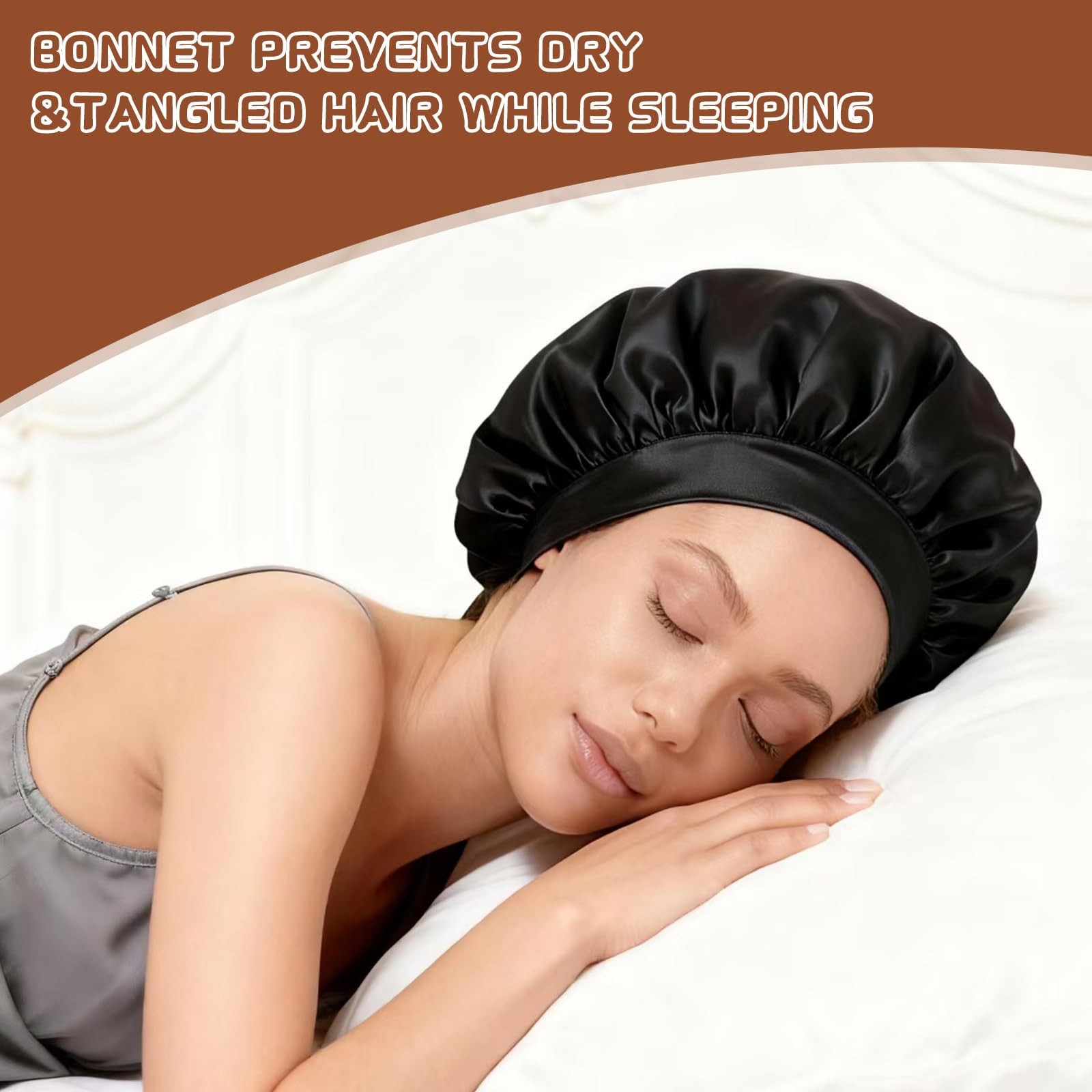 2Pcs Satin Hair Bonnets,Silk Bonnet for Sleeping, Soft Elastic 5, Black/Gold