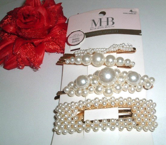 3 Gold and White Pearl Bobby Pins and a Hair Clip New w Tag