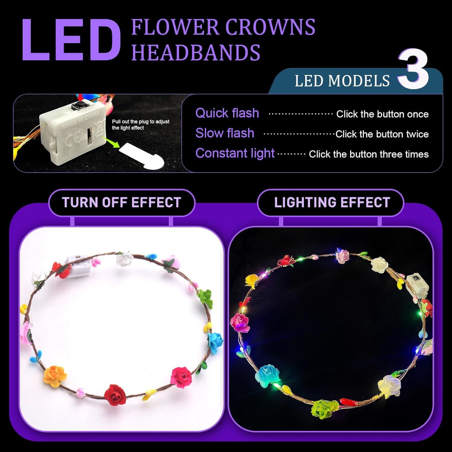 50 Pcs LED Flower Crowns Headbands,Flower Crowns for Women,Mardi Gras Light up H
