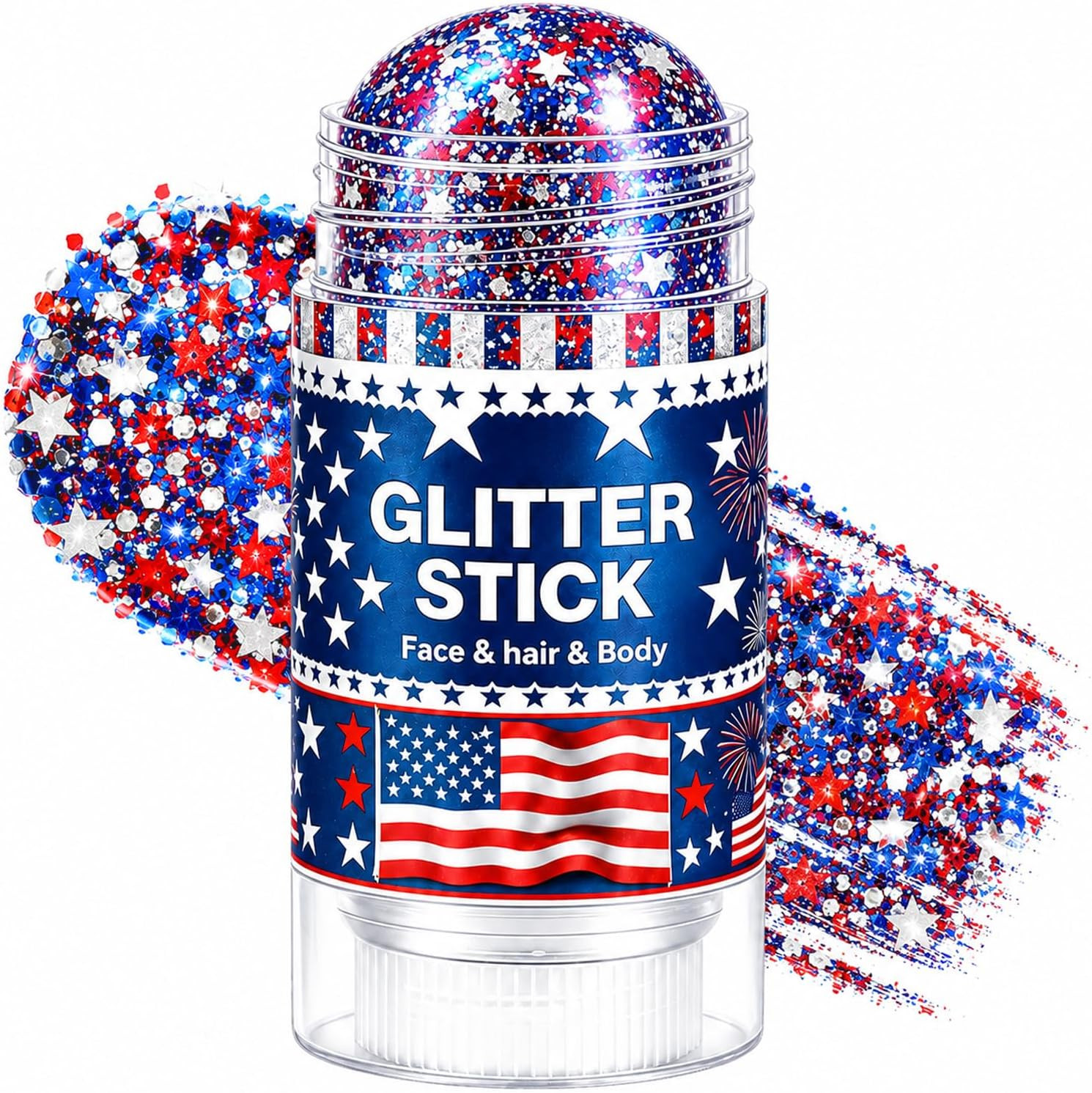 4Th of July Glitter Stick for Hair, Face & Body, Red White Blue Glitter with Sta
