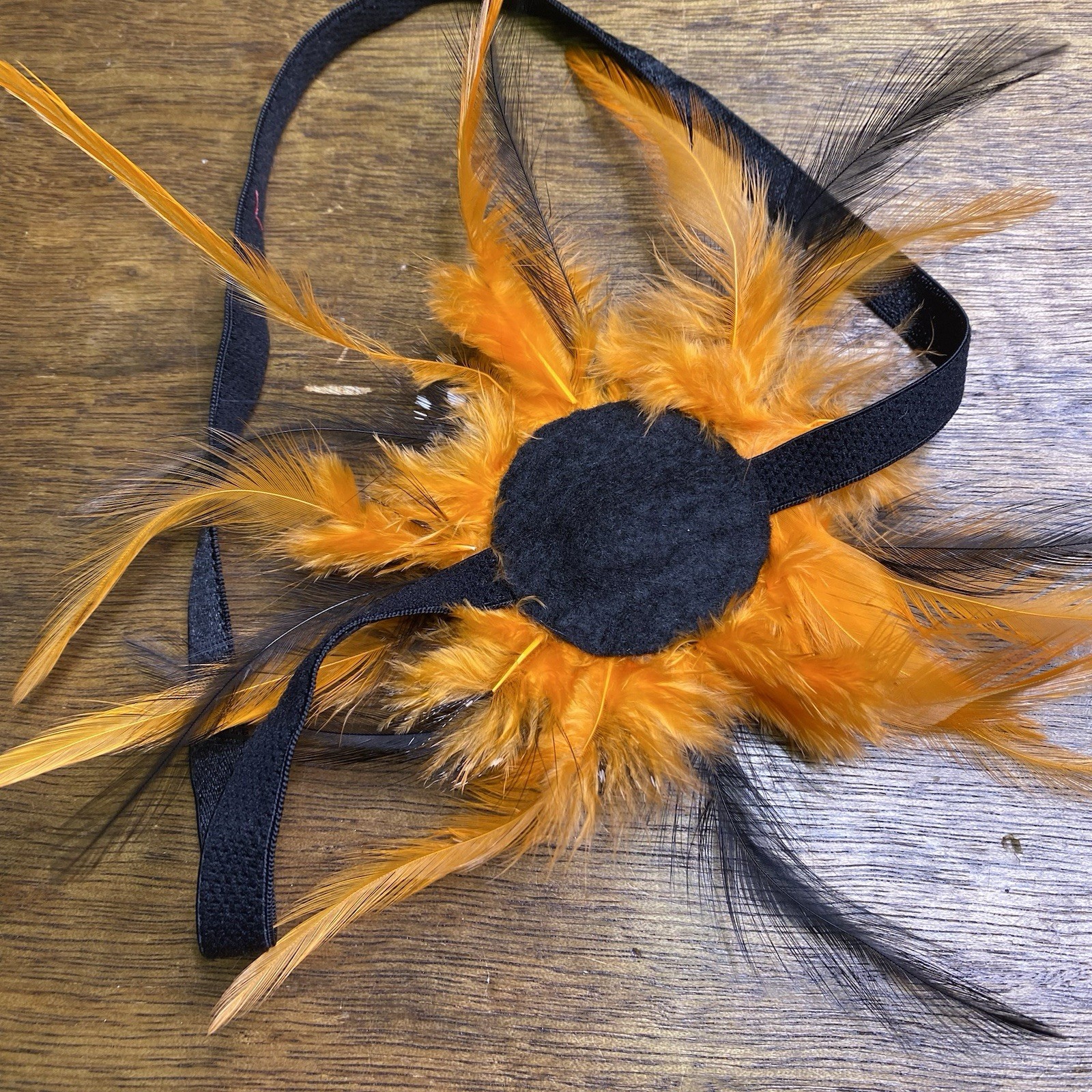 Feather Headband Elastic Strap Orange Black Fascinator Boho Hair Accessory