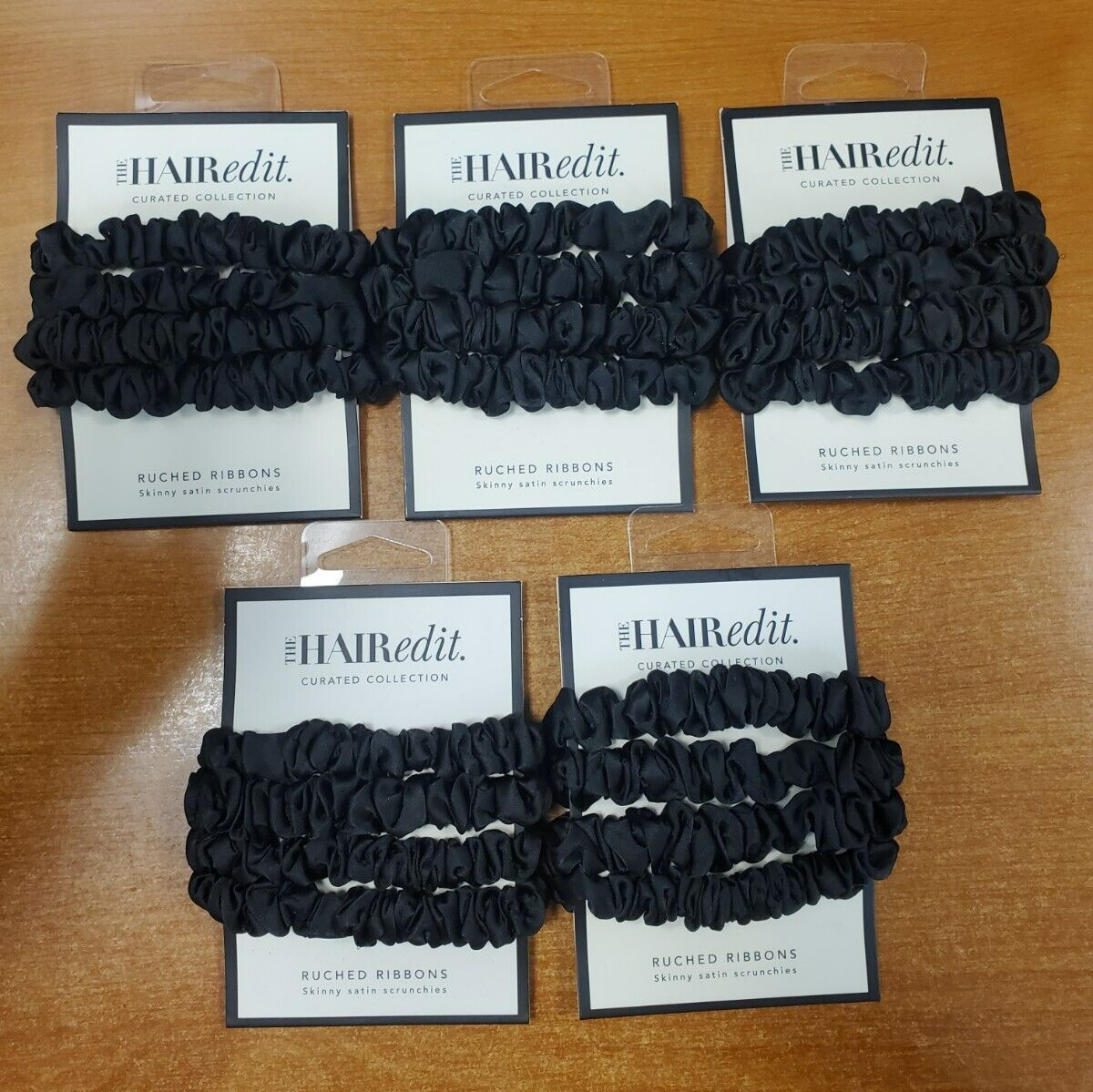 5Pks of 4 The Hair Edit Skinny Satin Scrunchies Black Ruched Ribbons (5495)R9P1a