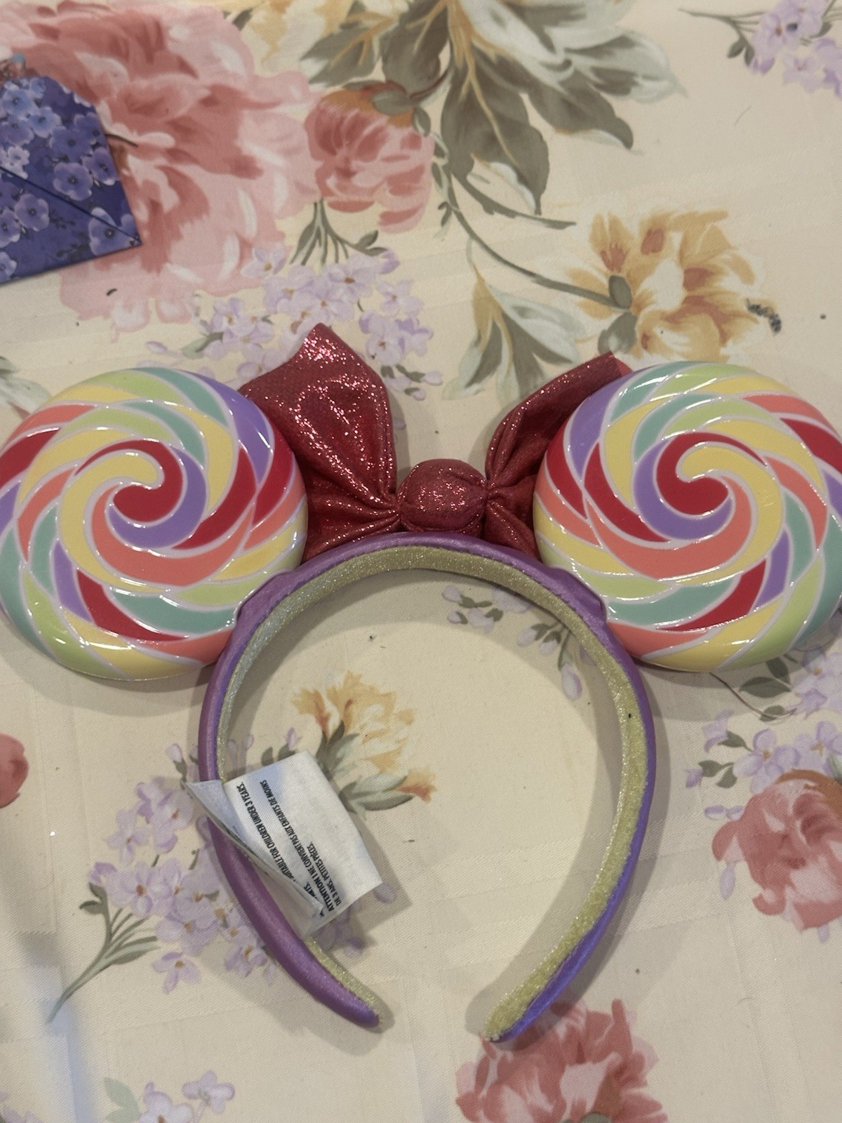 Disney Parks Minnie Mouse Candy Swirl Round Ears Headband Multicolor Glitter Bow