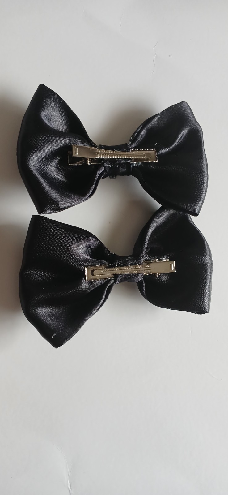 Set of 2 Black Satin Bow Hair Clip Barrettes w/ Silver Rhinestone Accents