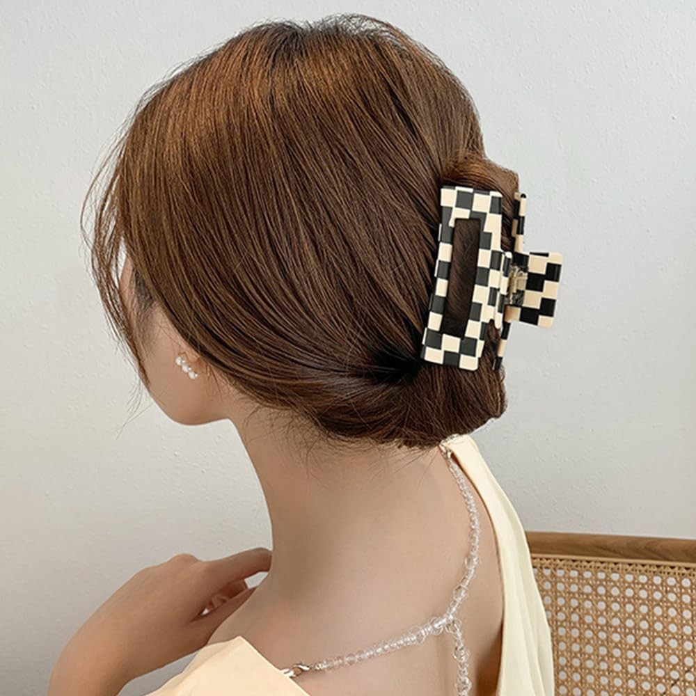 4Pcs Checkered Hair Claw Clips for Women, Large Rectangle Square Black, White