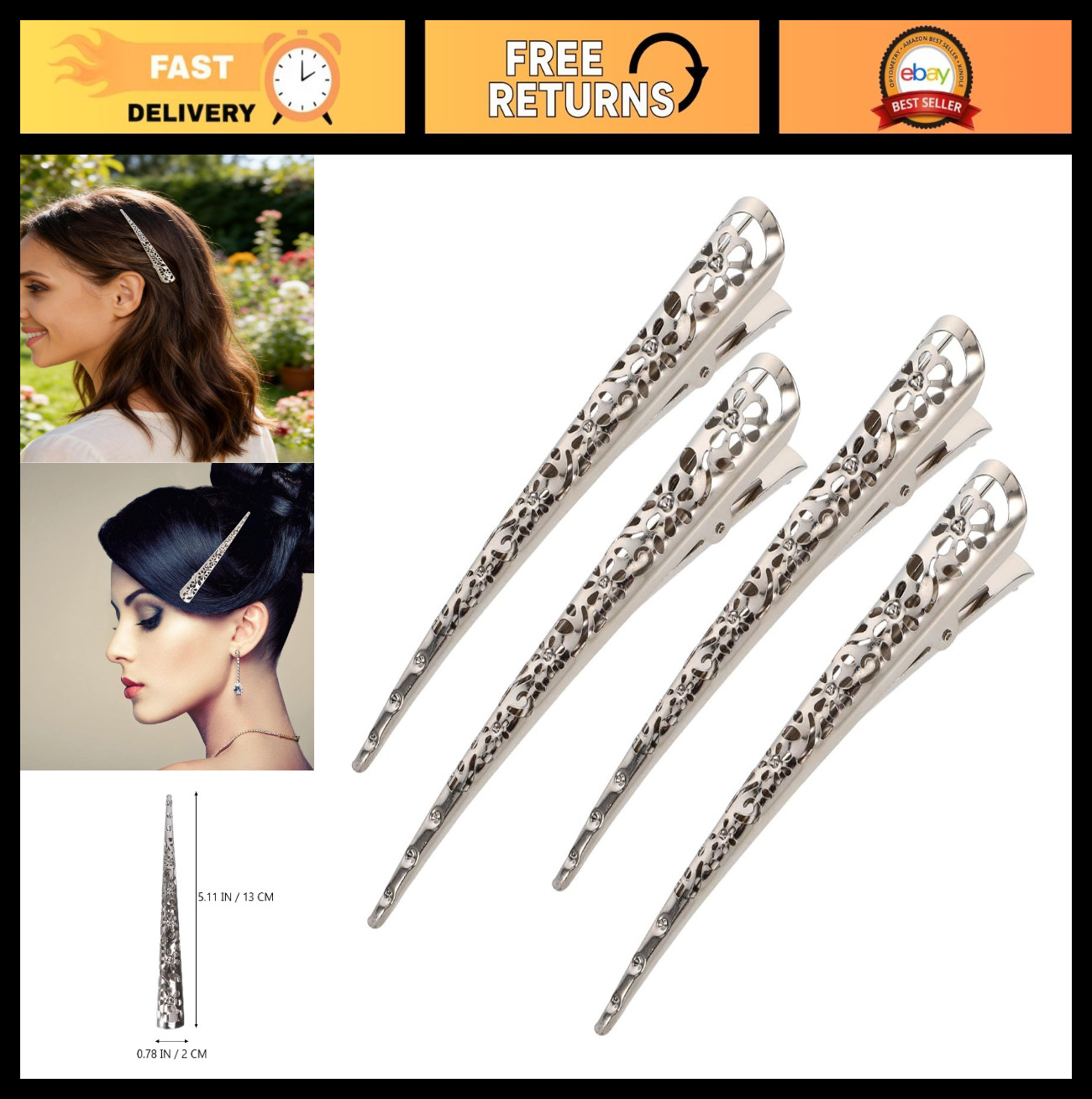 4Pcs Large Metal Duckbill Hair Clips – Hollow Flower Alligator Clips for Thick H