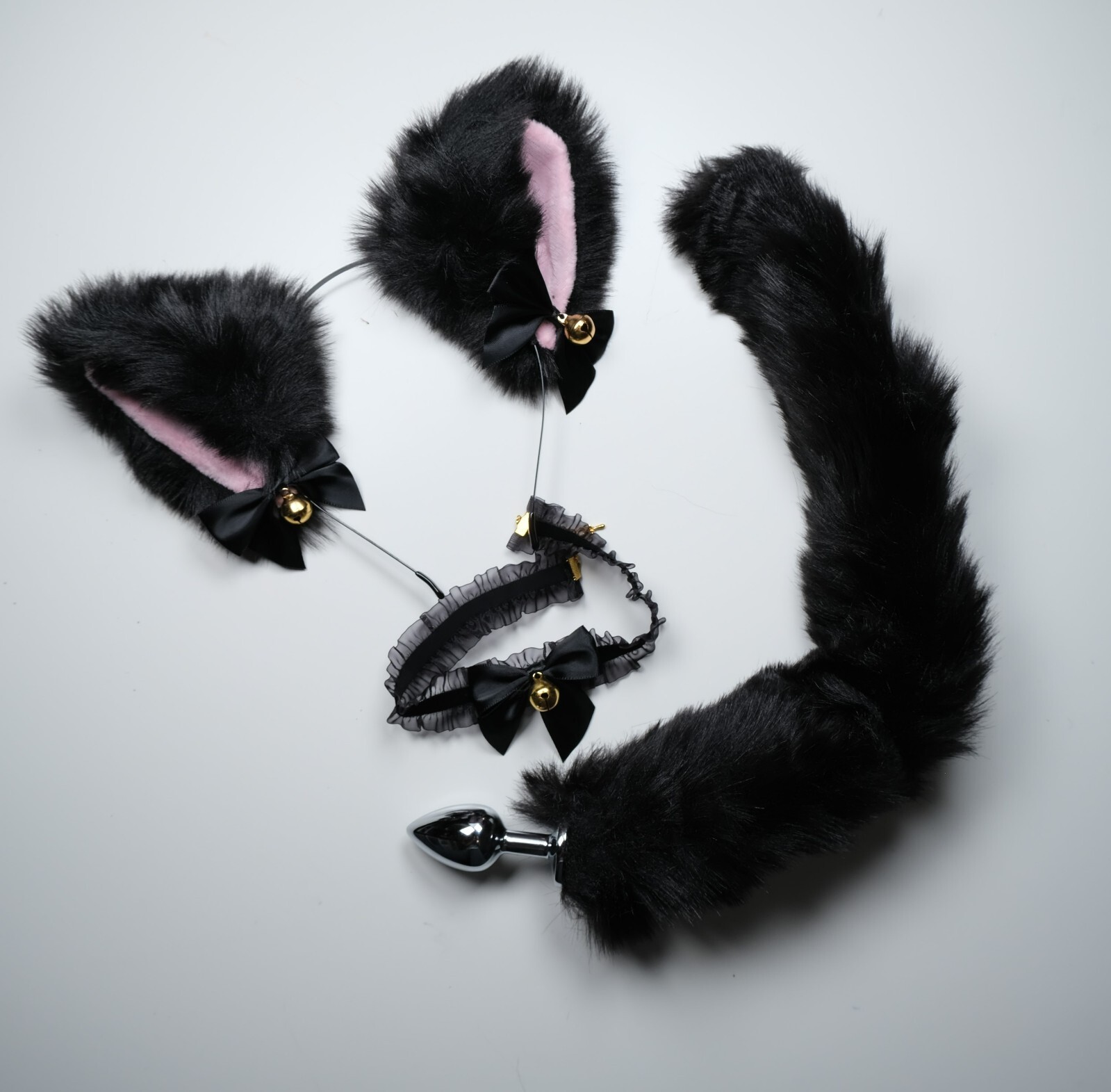 Black Pink White Cute Ear With Bell Bows Cat Ears BDSM Pet Play Set Cosplay