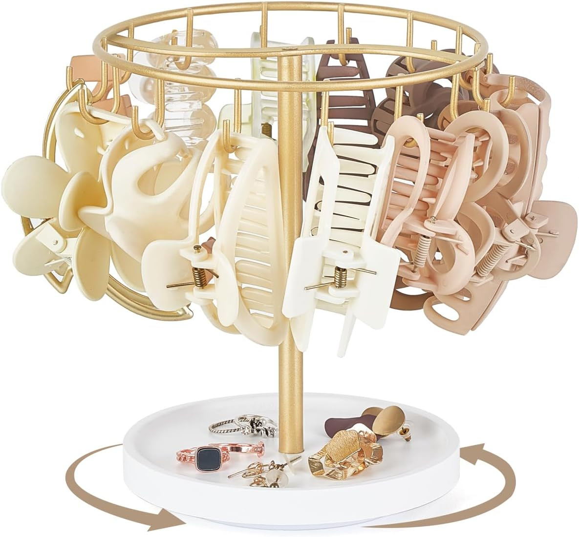 360 Degree Rotating Claw Clip Organizer, Metal Hair Clip Holder with Wood Base a