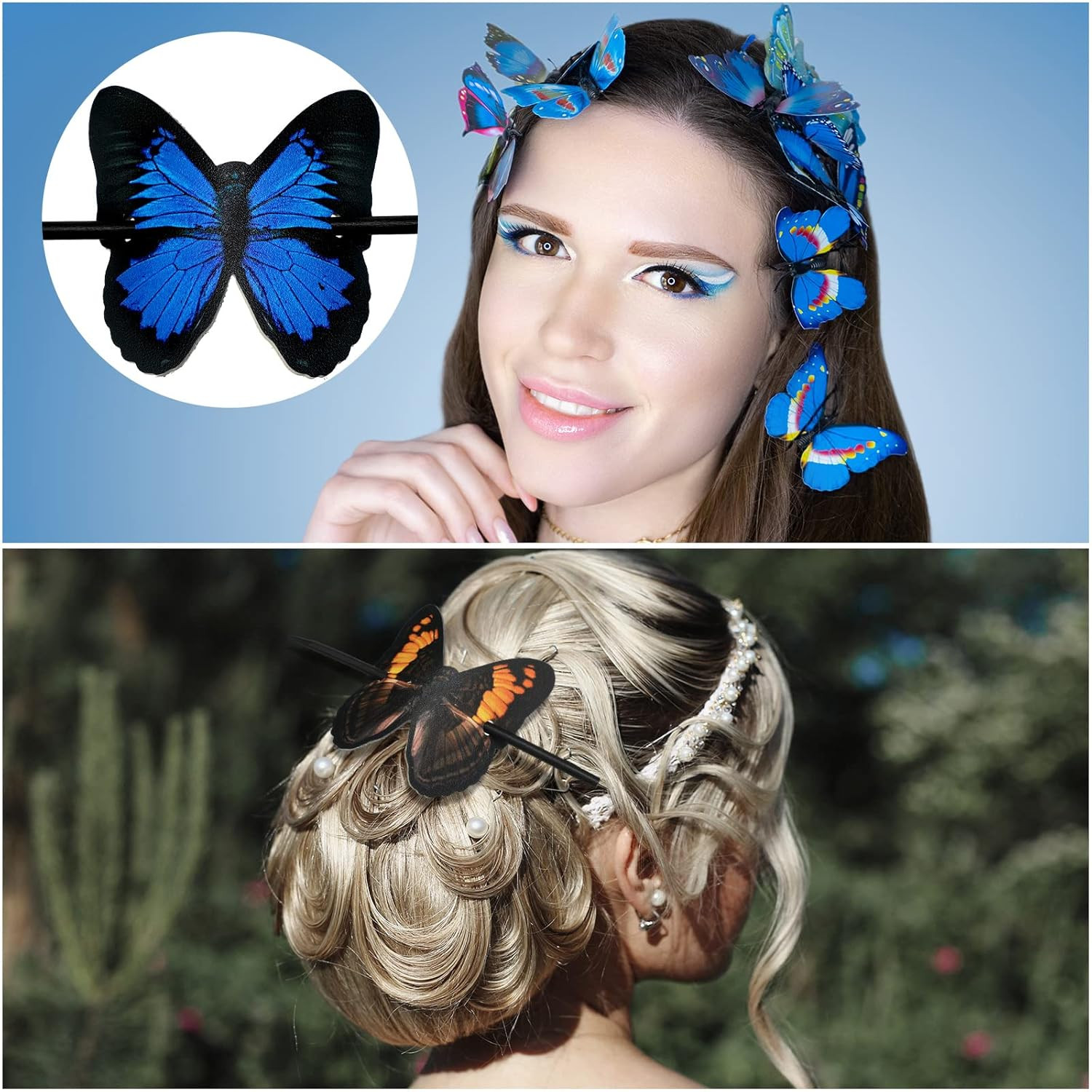 6 Pcs Colorful Hair Barrettes with Butterfly Faux Leather Clips, Wood Stick, for