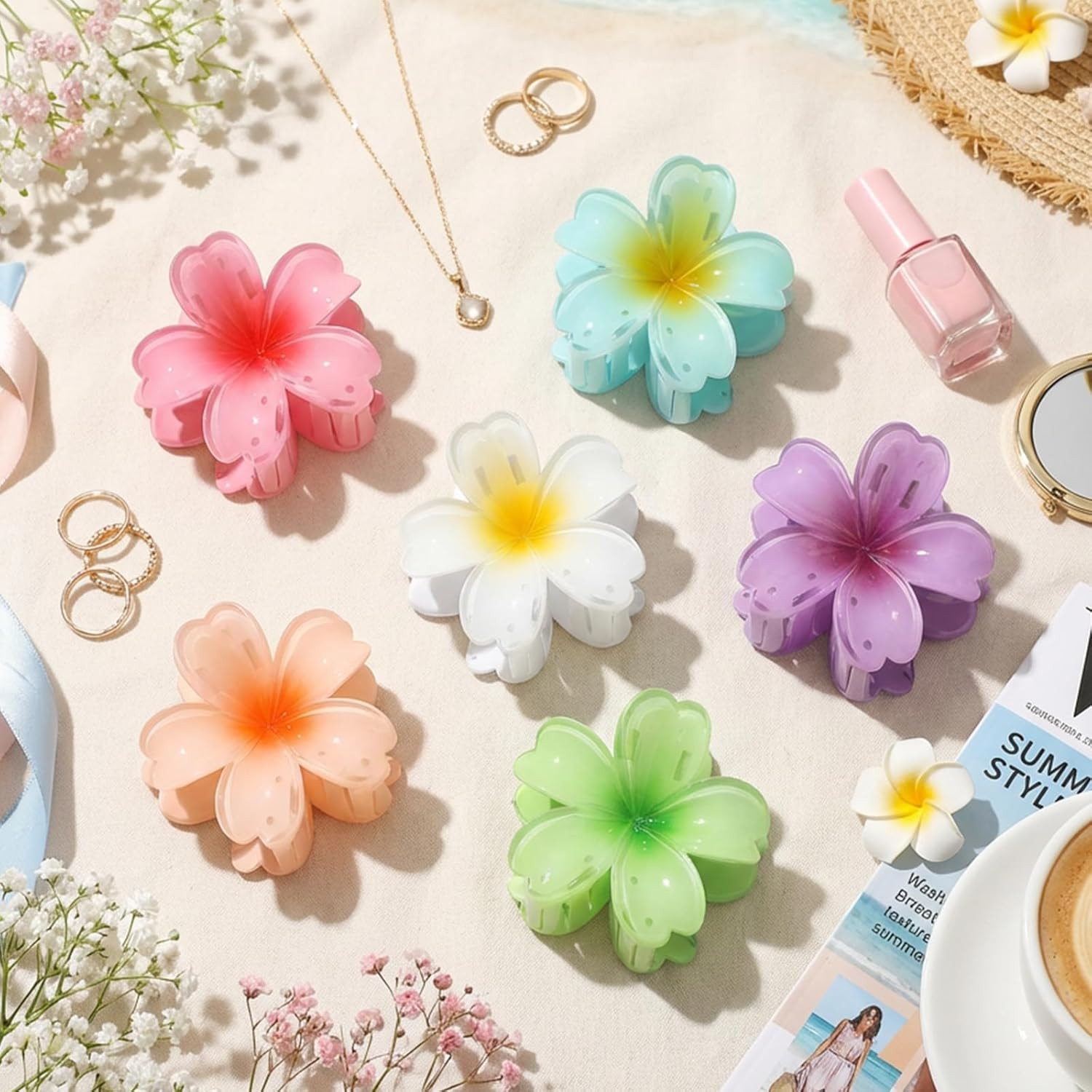 Hawaiian Flower Hair Claw Clips – 6 Pcs for All Hair Types, Strong Hold