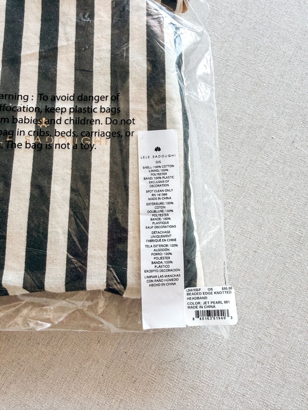Lele Sadoughi Jet Pearl Beaded Edge Knotted Headband NWT