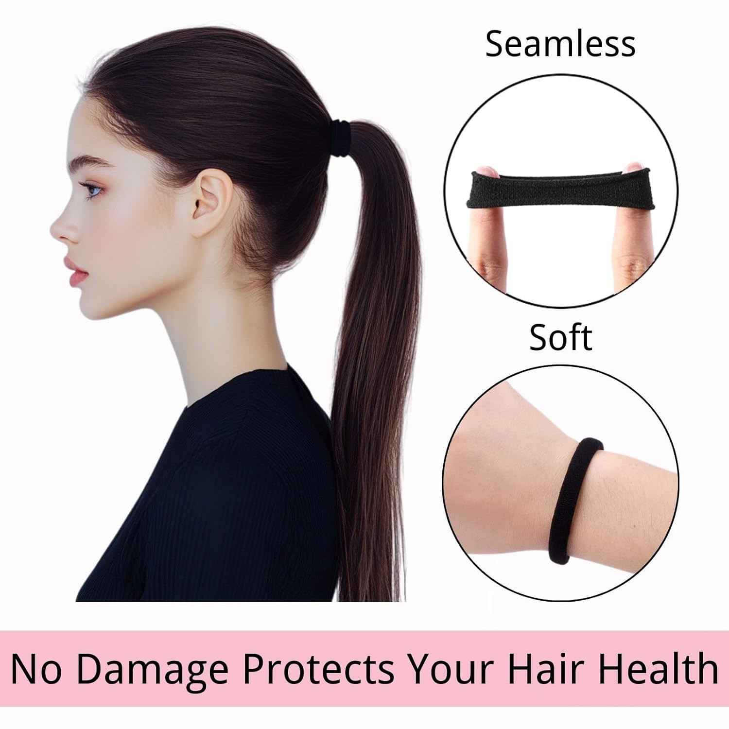 120PCS Black Hair Ties for Thick Hair – Seamless No Damage Elastic Ponytail Hold